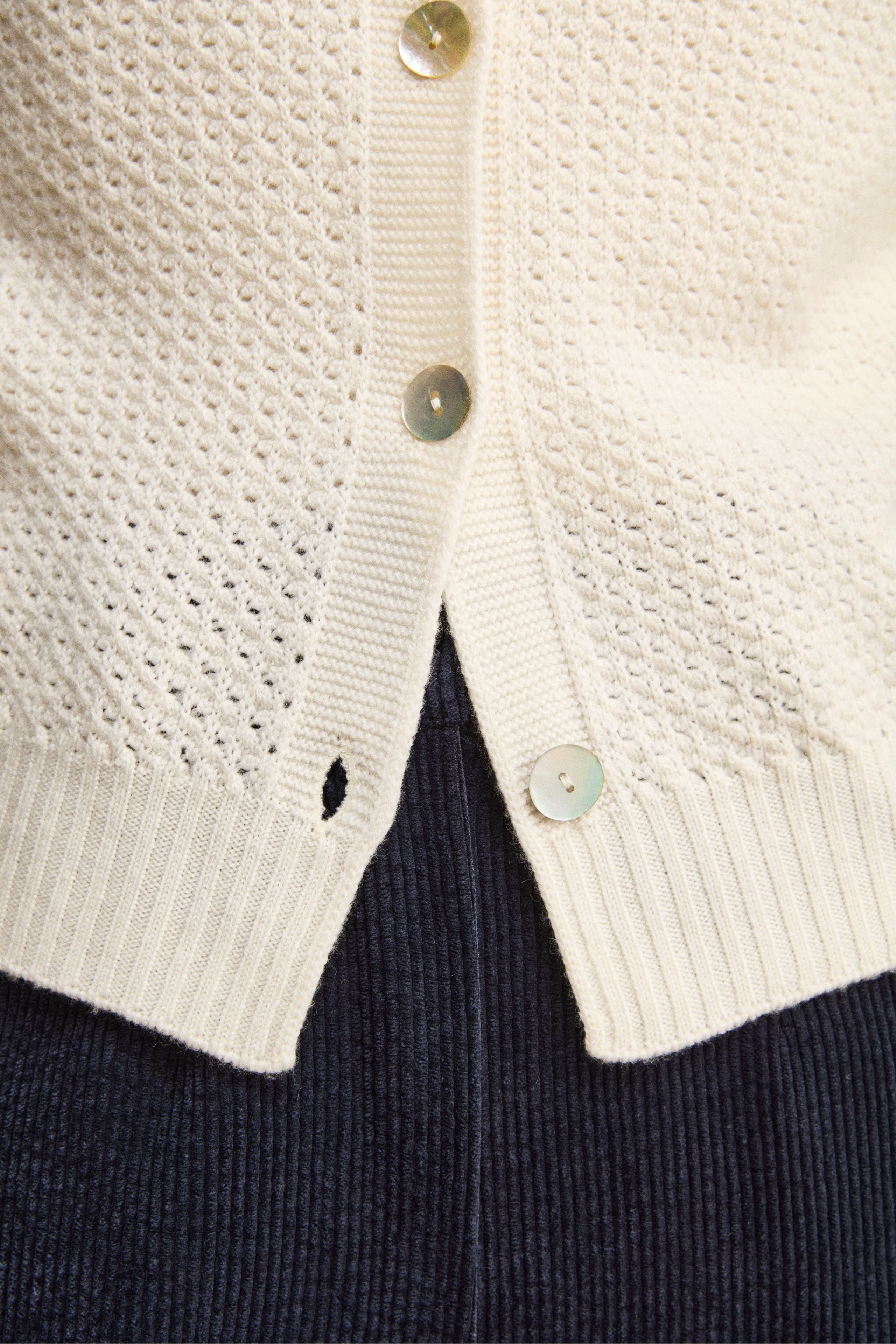 Openwork Merino Wool Cardigan with Mandarin Collar - ECRU