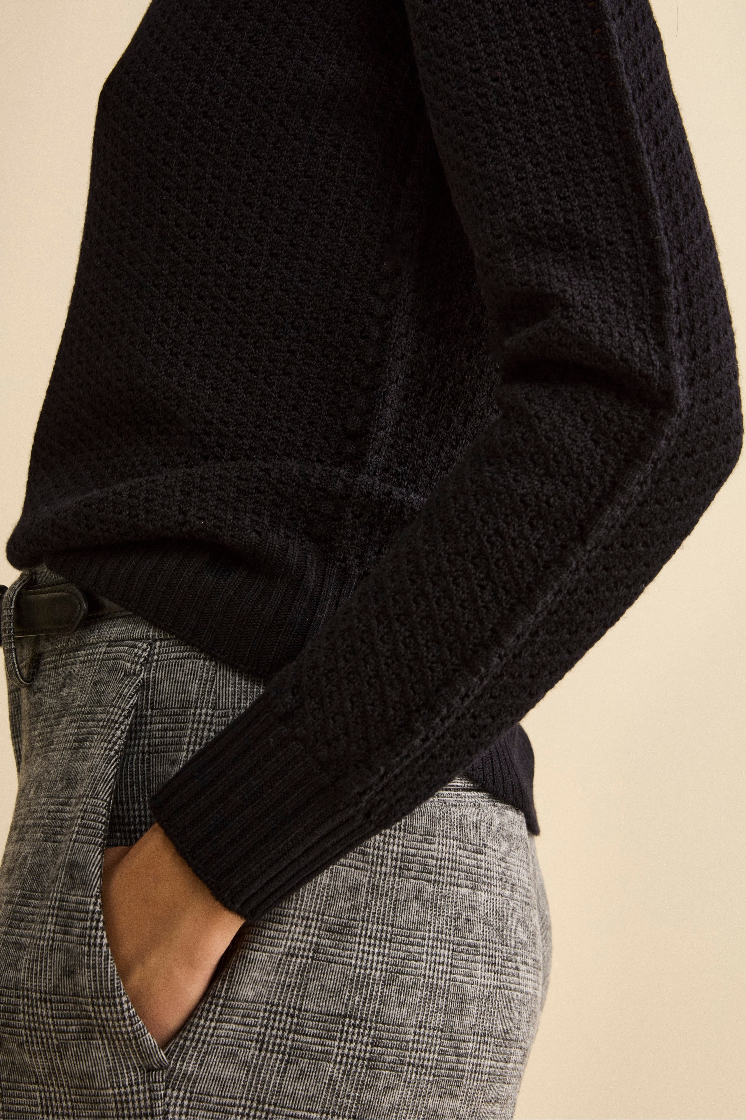 Openwork Merino Wool Crewneck Sweater - BLACK