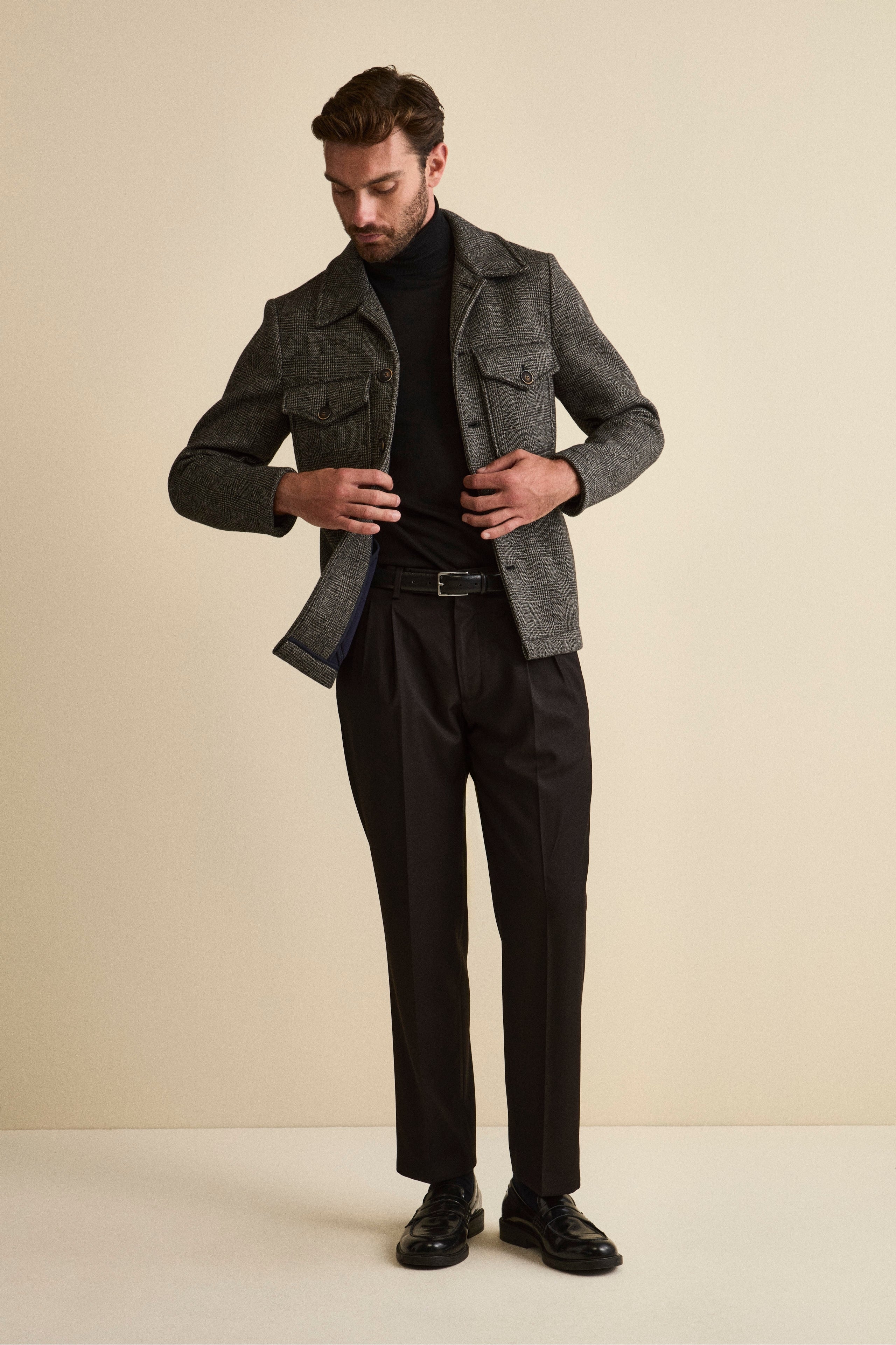 Pantalon à Pinces Large en Laine Mélangée - NOIR