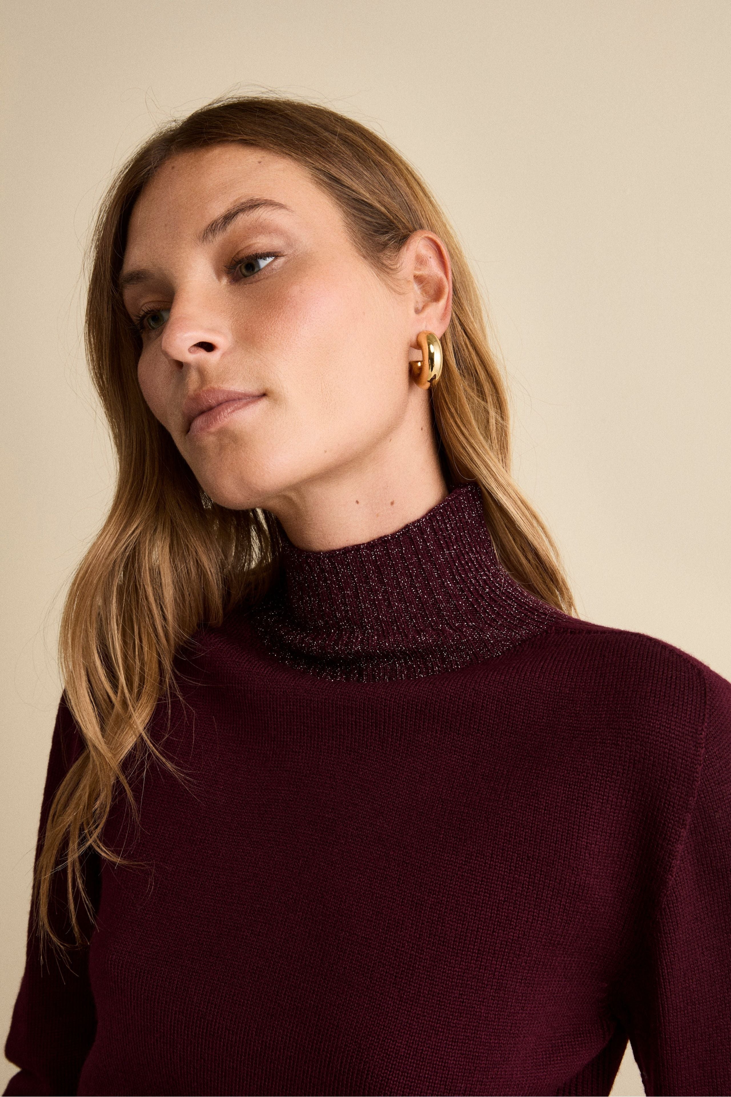 Merino Wool Mock Neck with Lurex Edges - BURGUNDY