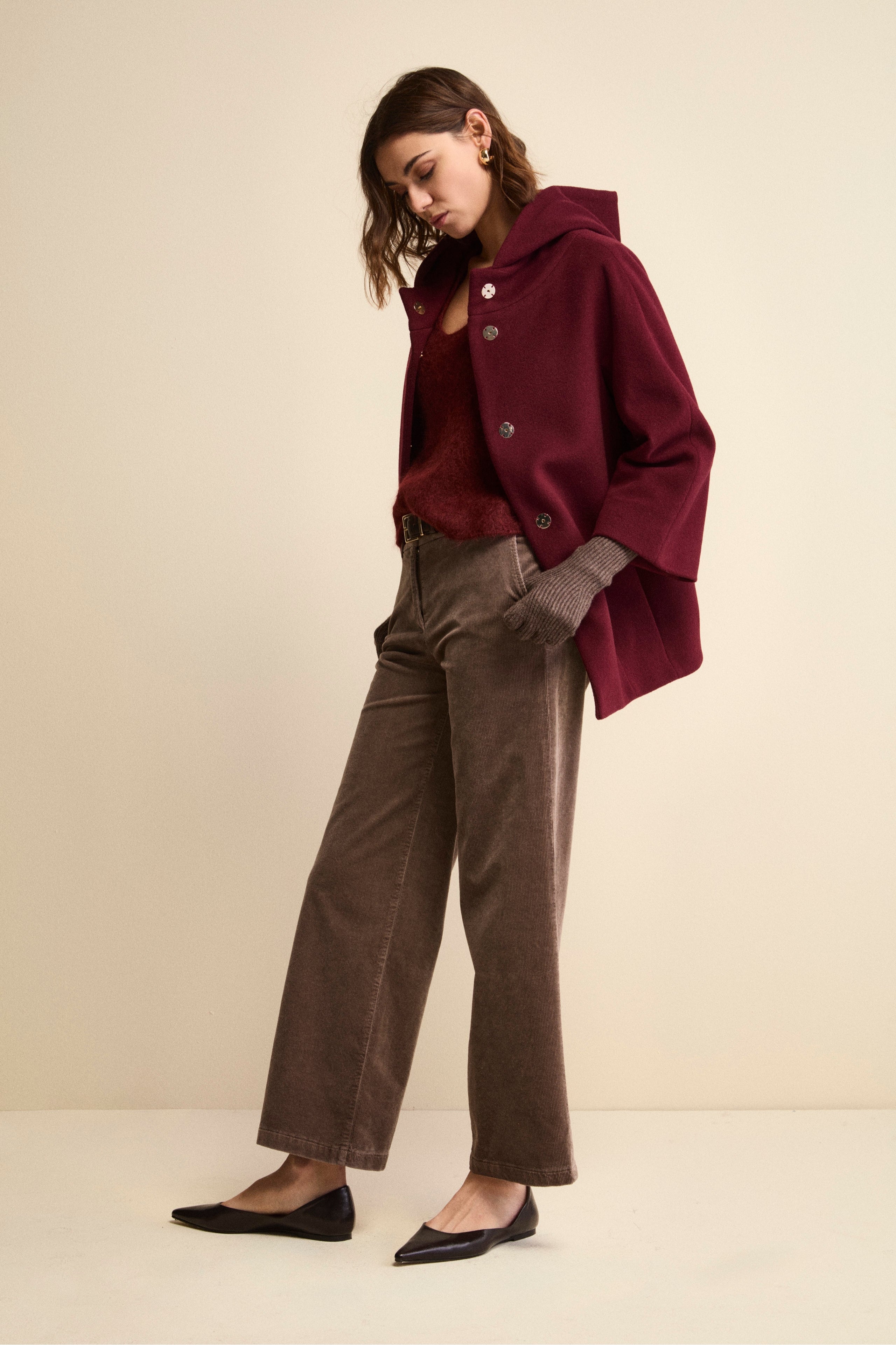 Wool and Cashmere Cape with Hood and Lining - Burgundy