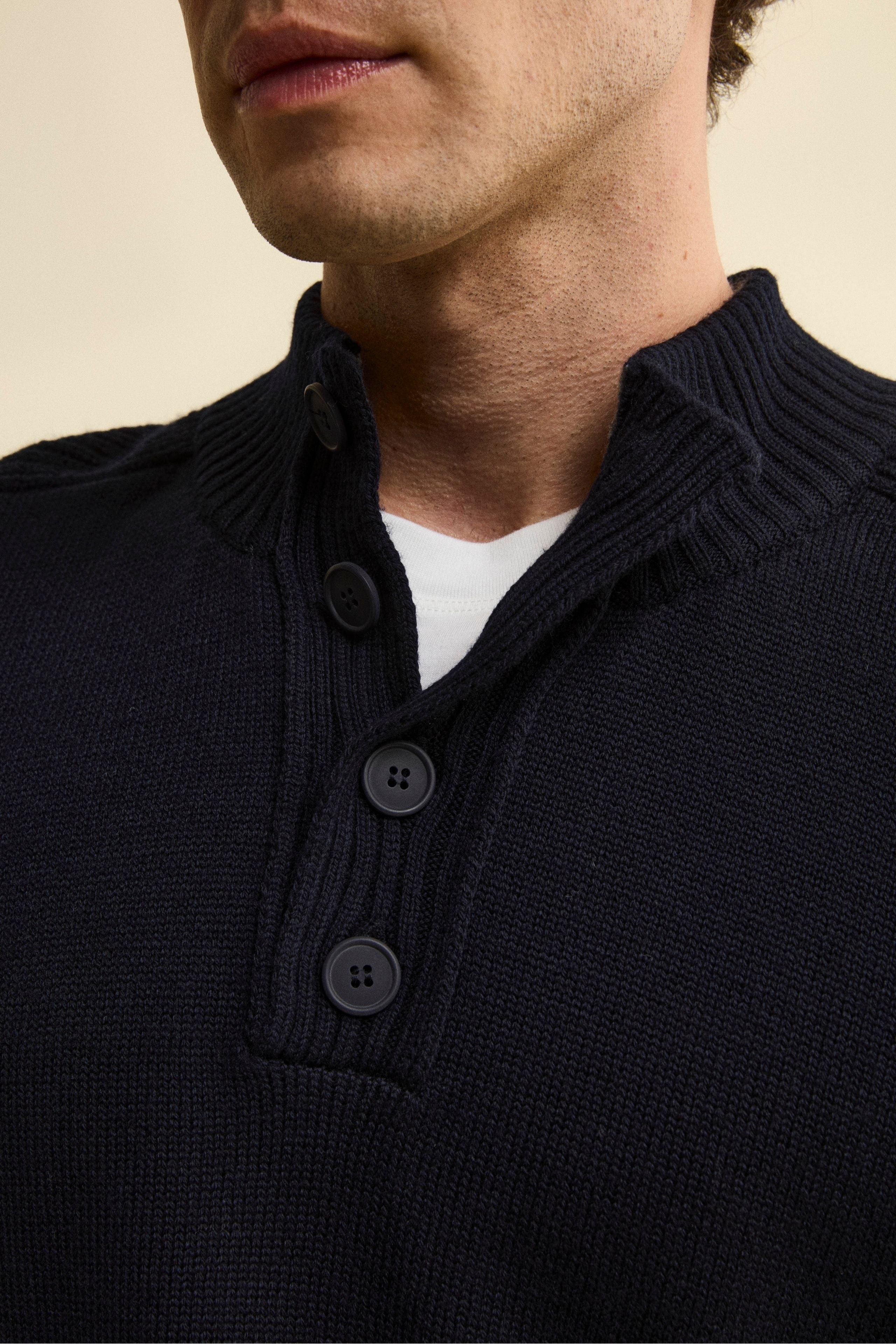 Buttoned Mock Neck in Mouline Virgin Wool - BLUE