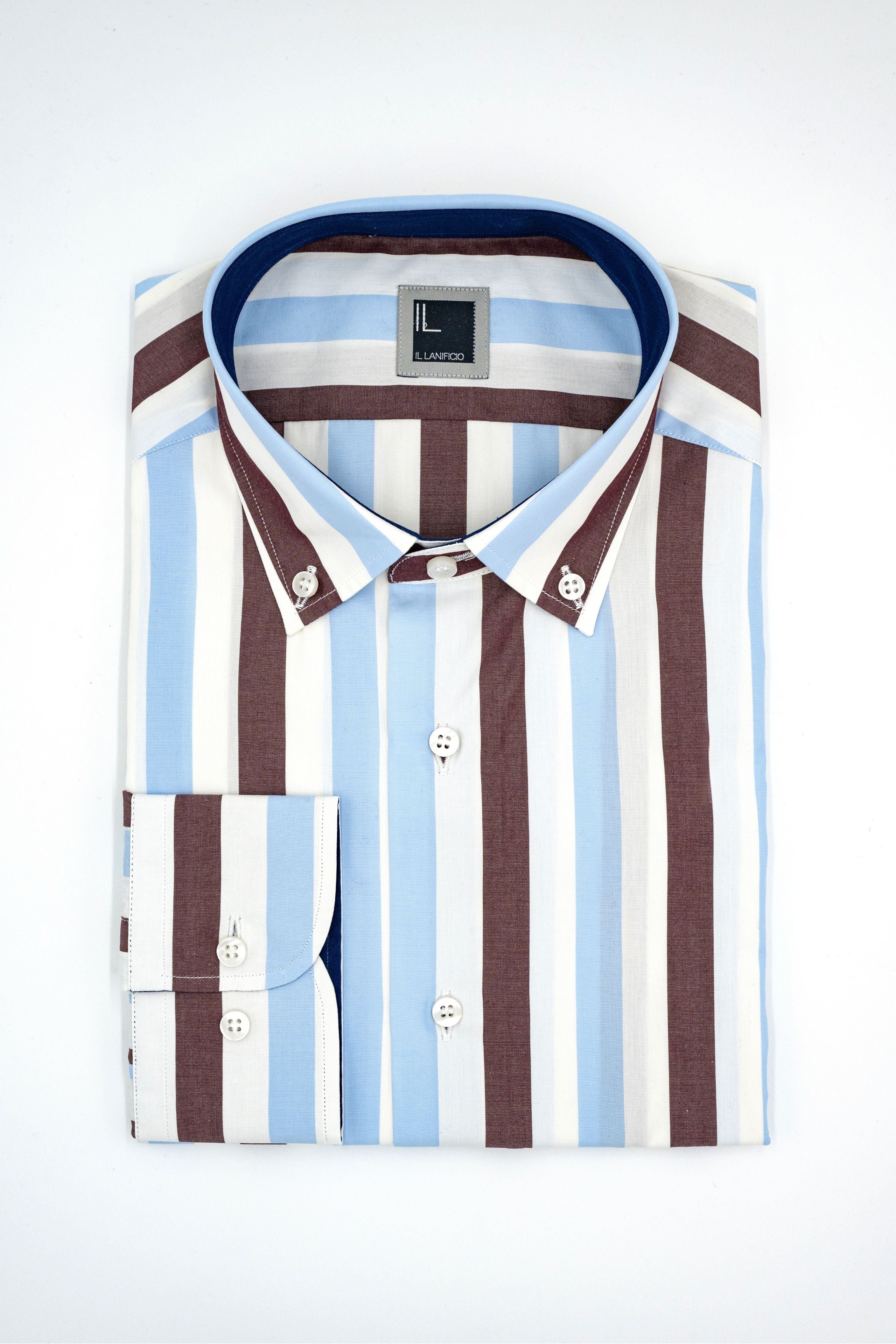 Camicia Slim Fit a Righe Button Down - RIGATO BEIGE/BLU