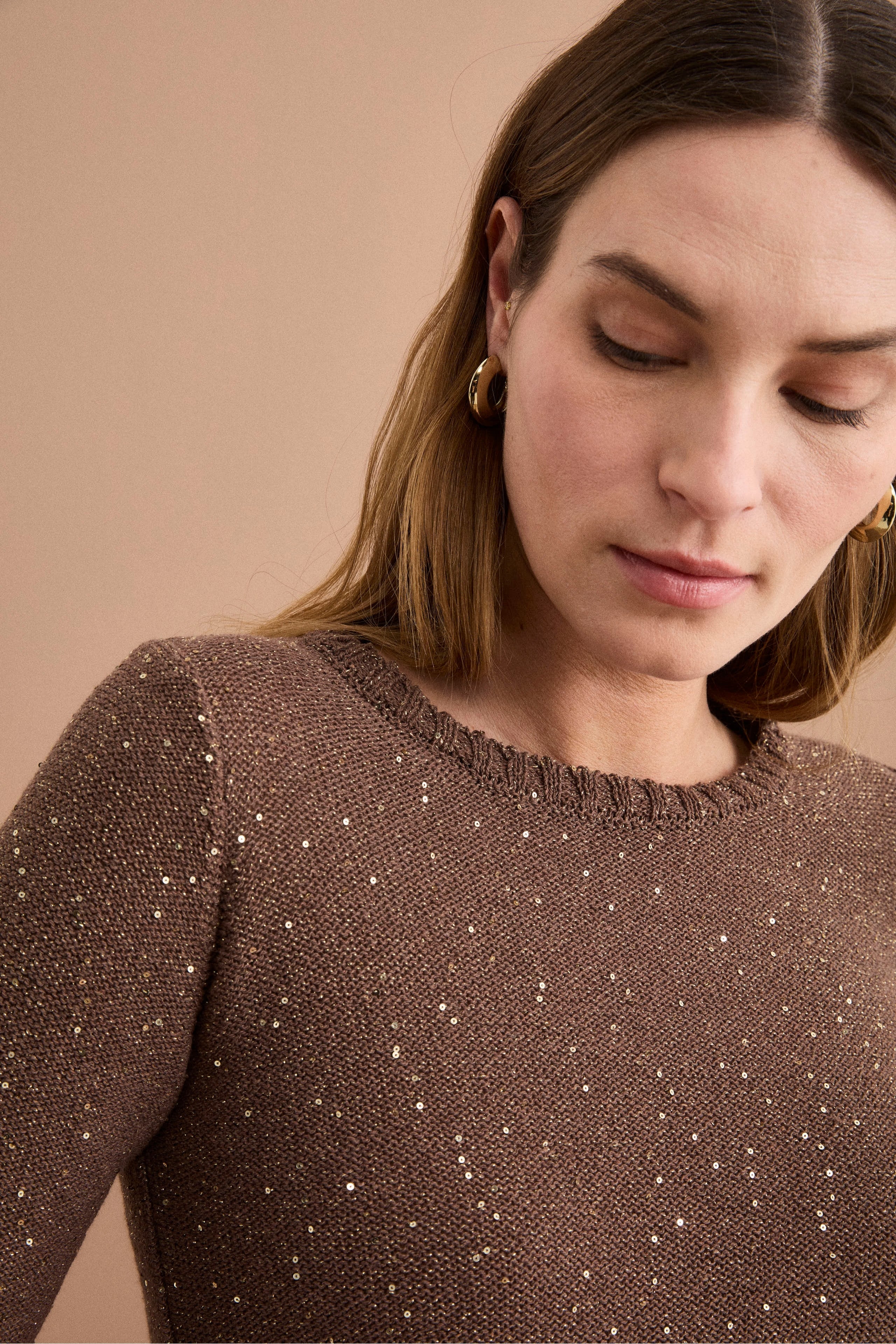 Maglia Barchetta in Cotone con Paillettes - TABACCO