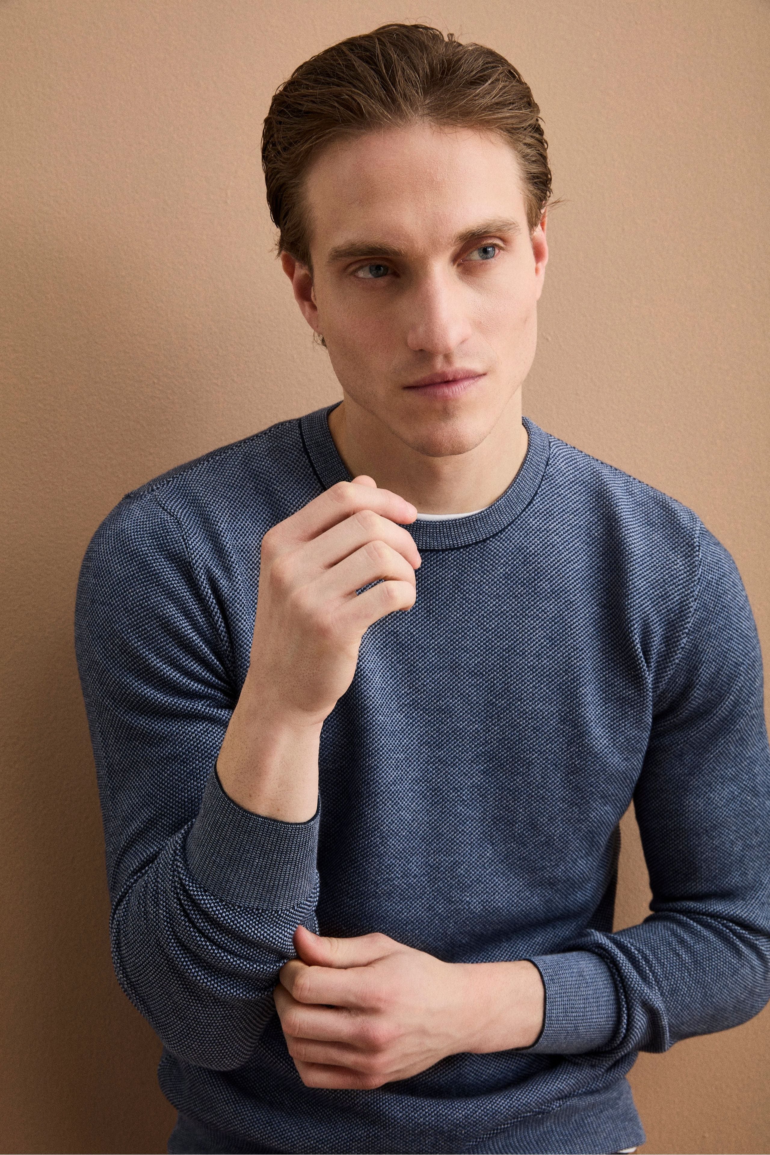 Strukturierter Baumwoll-Rundhalspullover - Blau-Hellblau