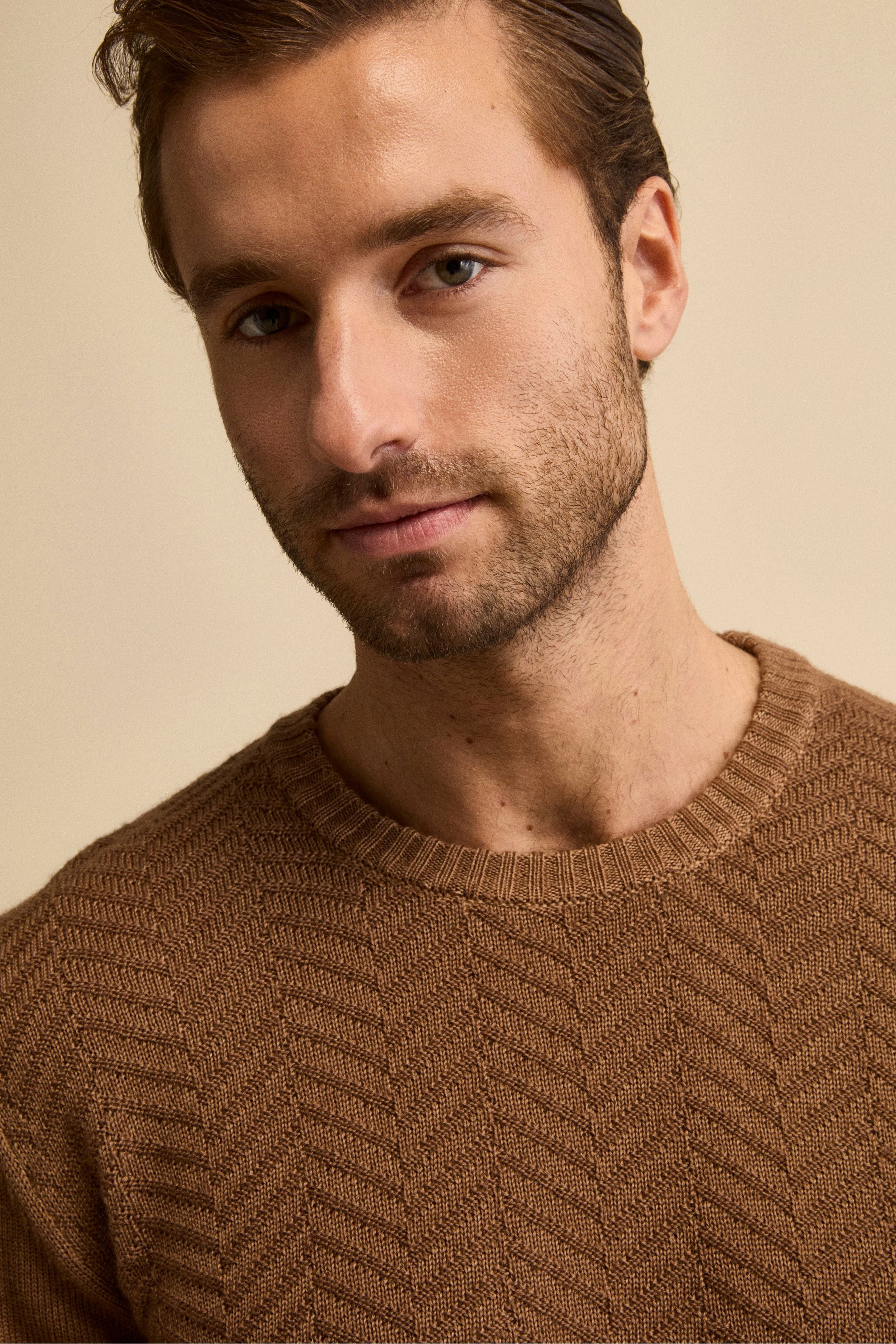 Fisherman’s Rib Crewneck in Merino Wool - Tobacco brown