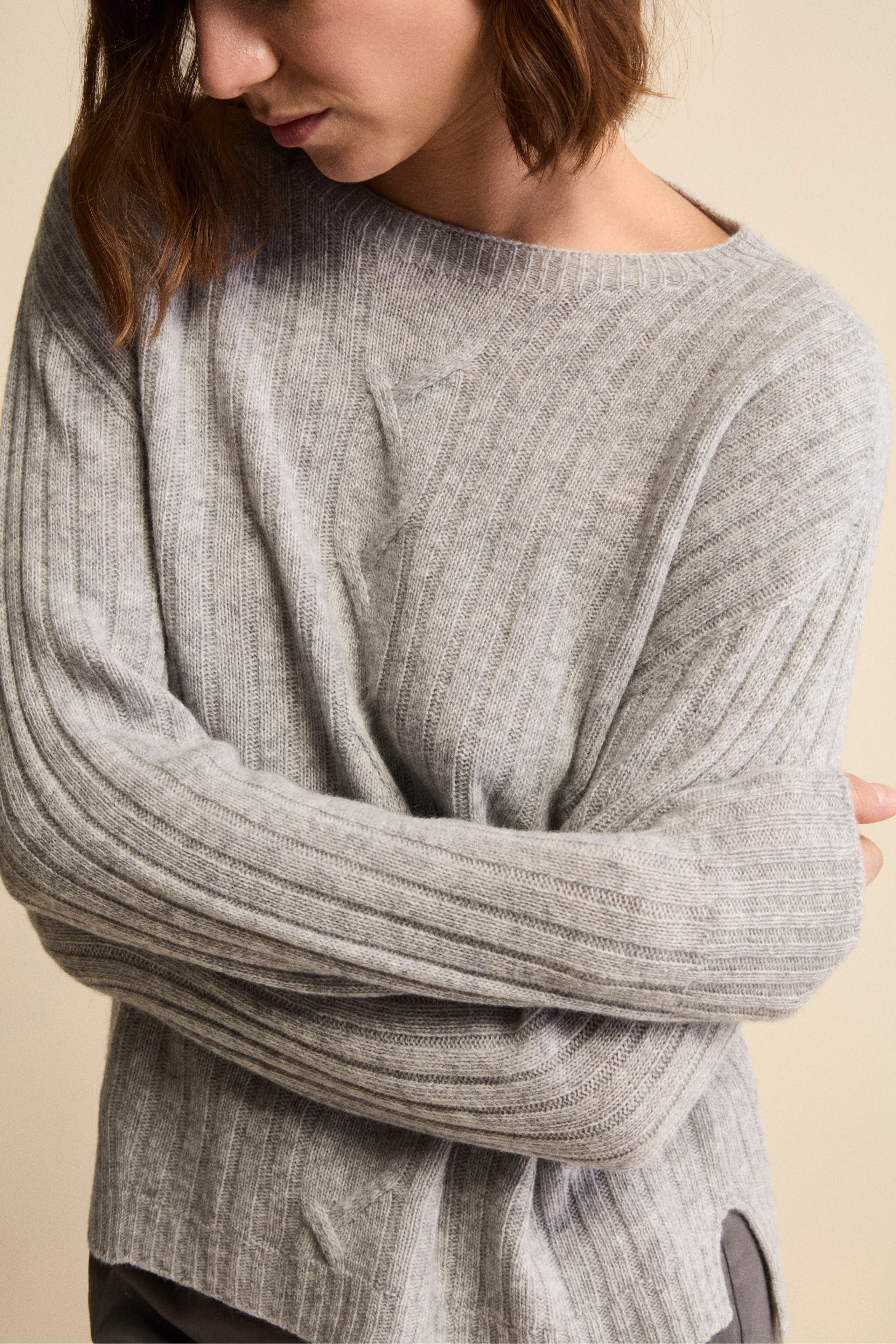 Boat-Neck Sweater in Wool and Cashmere - Light grey