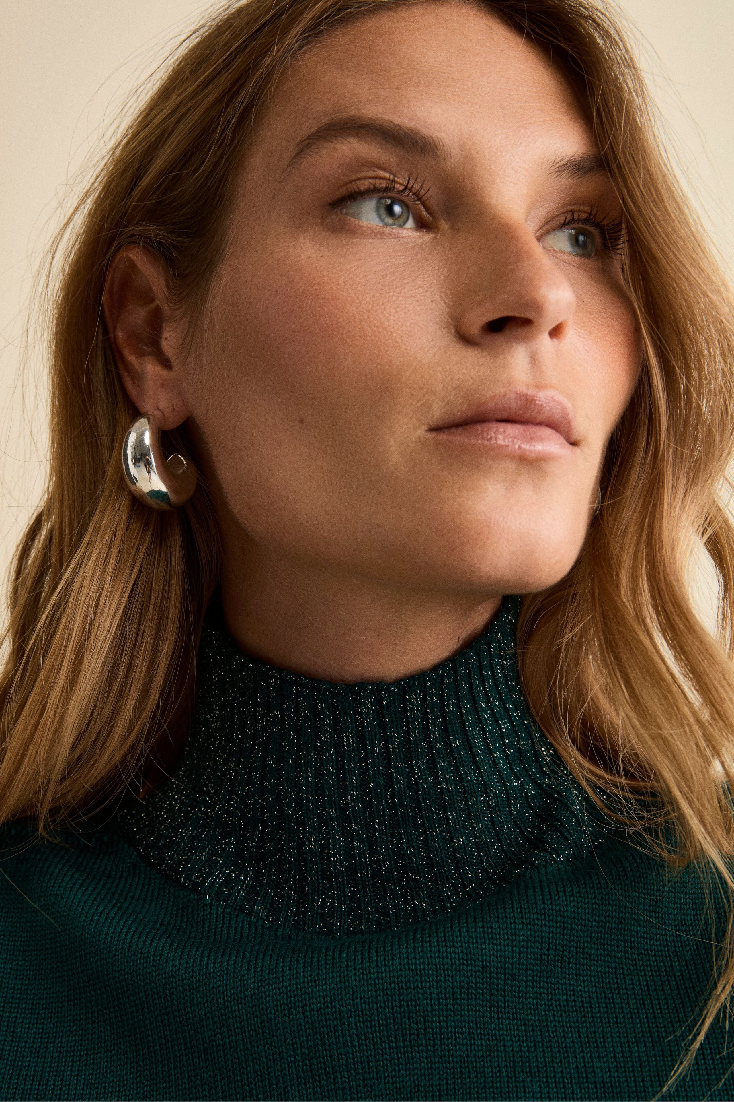 Merino Wool Mock Neck with Lurex Edges - GREEN