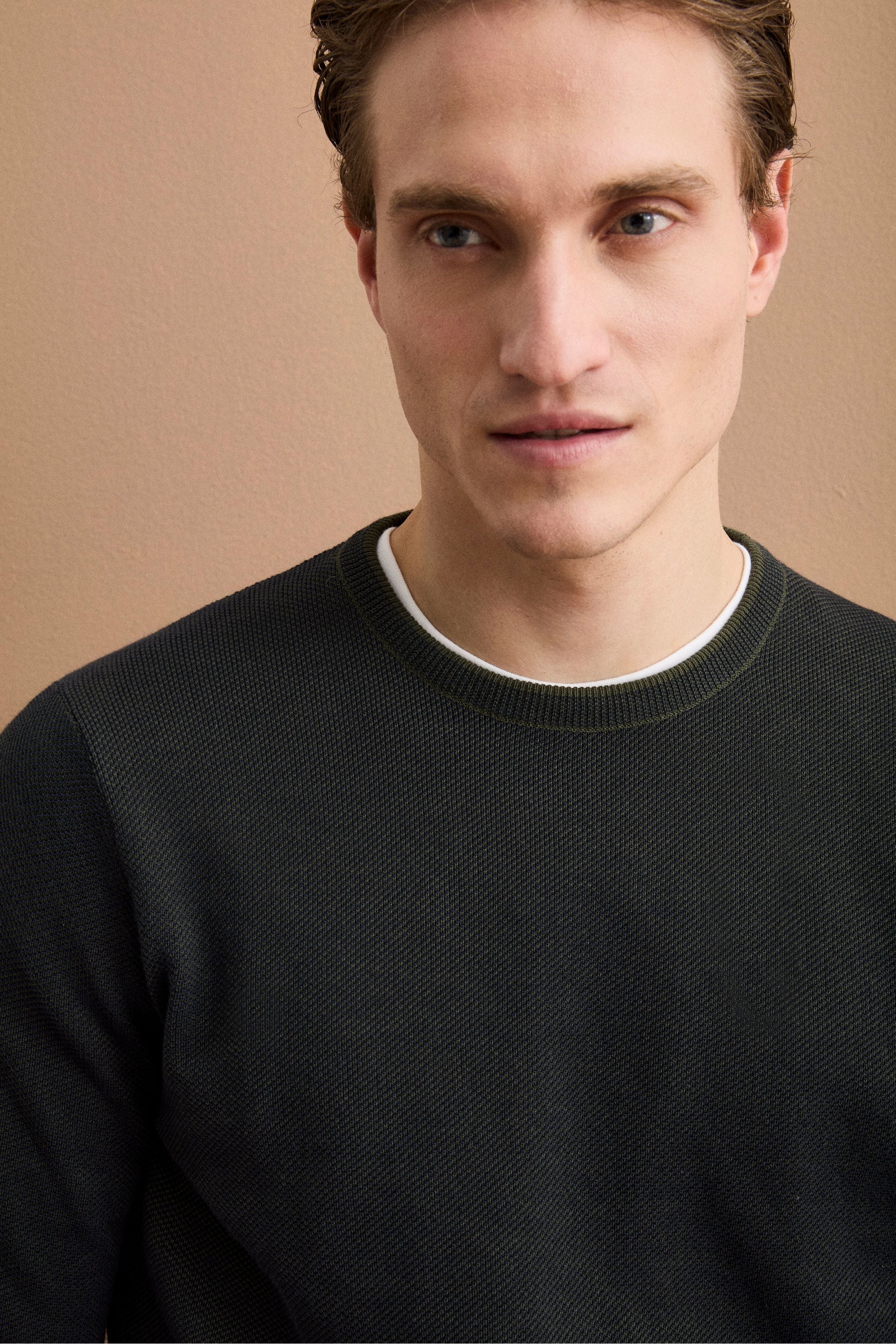 Herren Texturierter Rundhals-Strickpullover aus Baumwolle - Grün-Blau