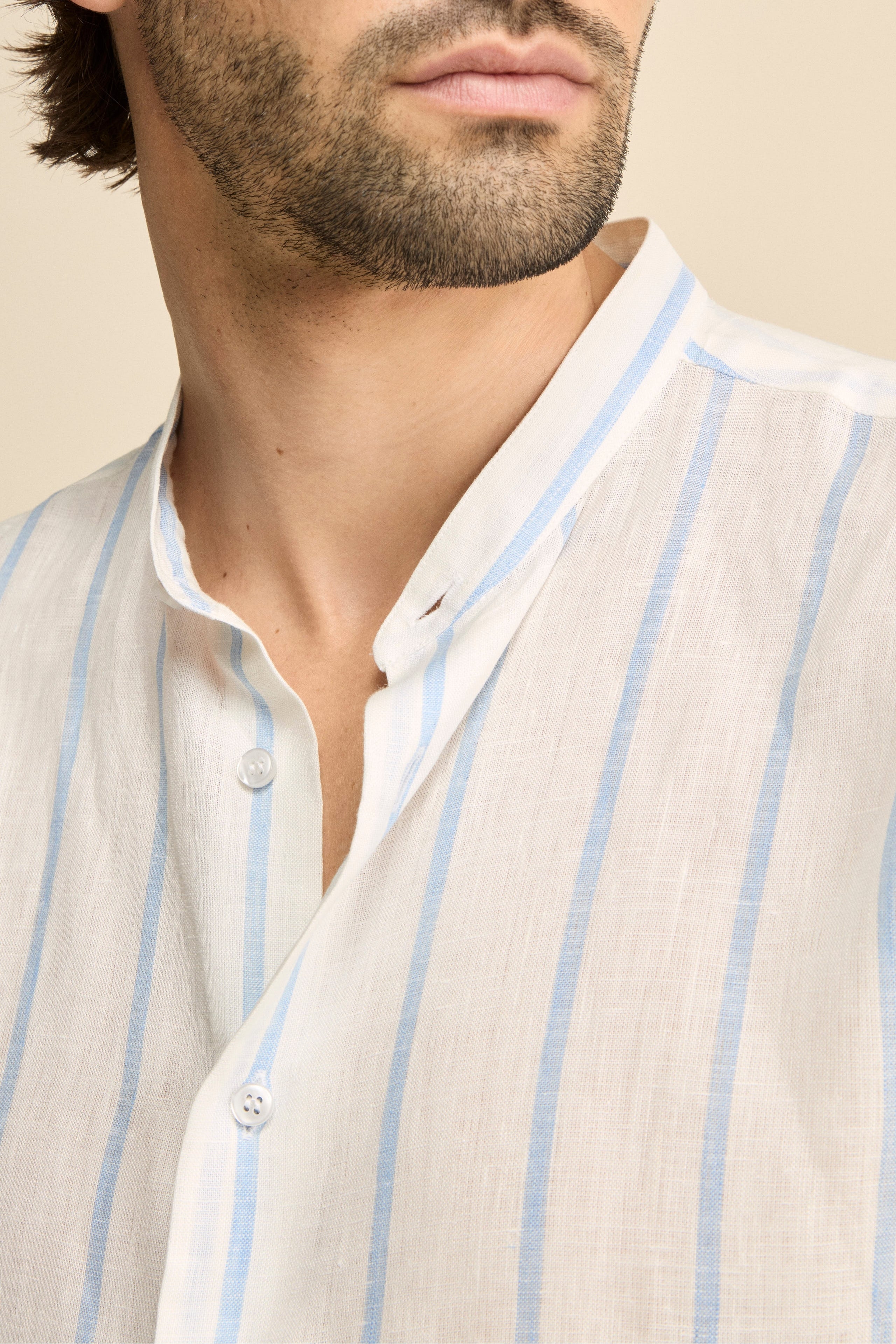 Camicia Lino Coreana Custom Fit - RIGATO BIANCO/AZZURRO