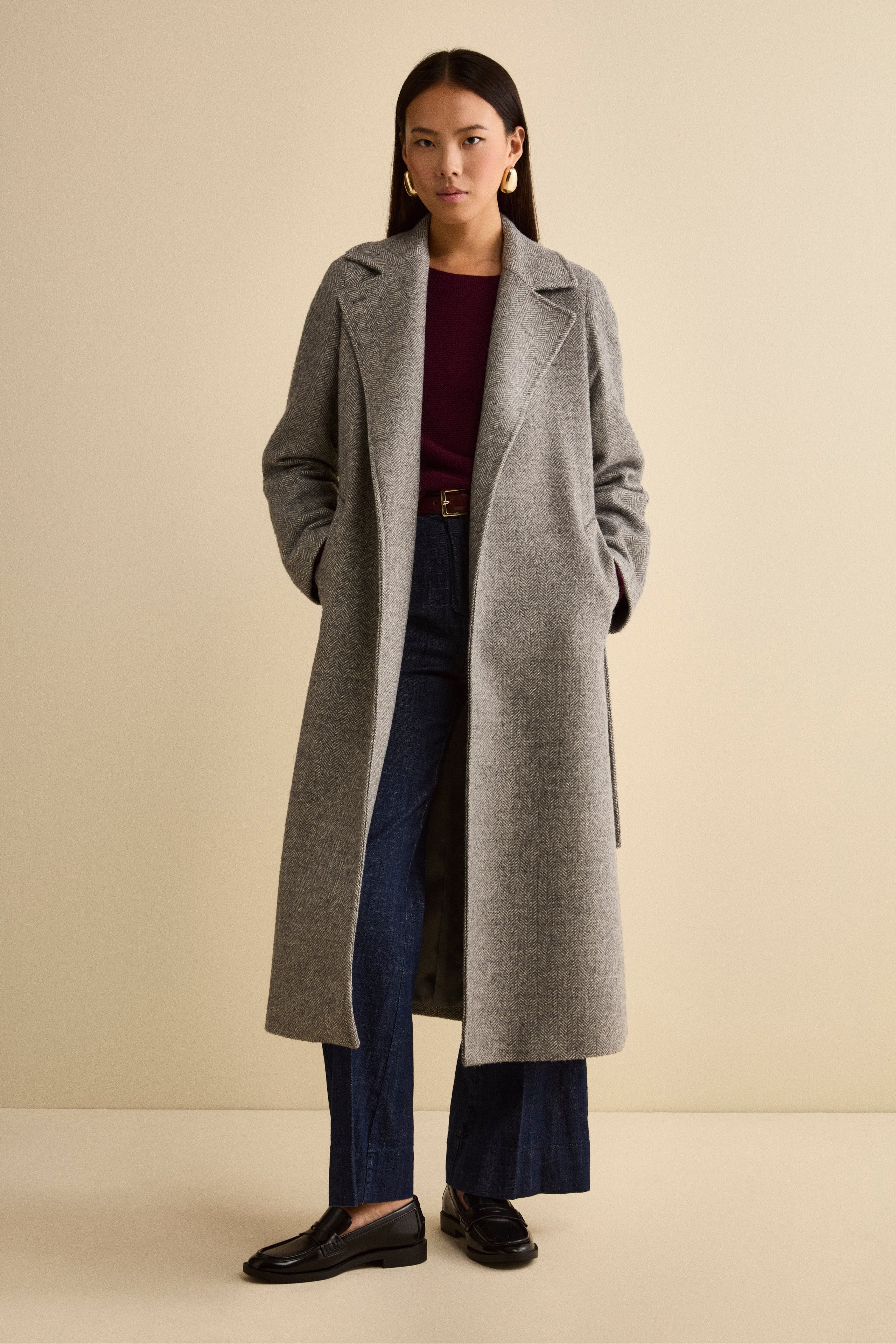 Wrap Coat with Belt in Wool Blend - Grey herringbone