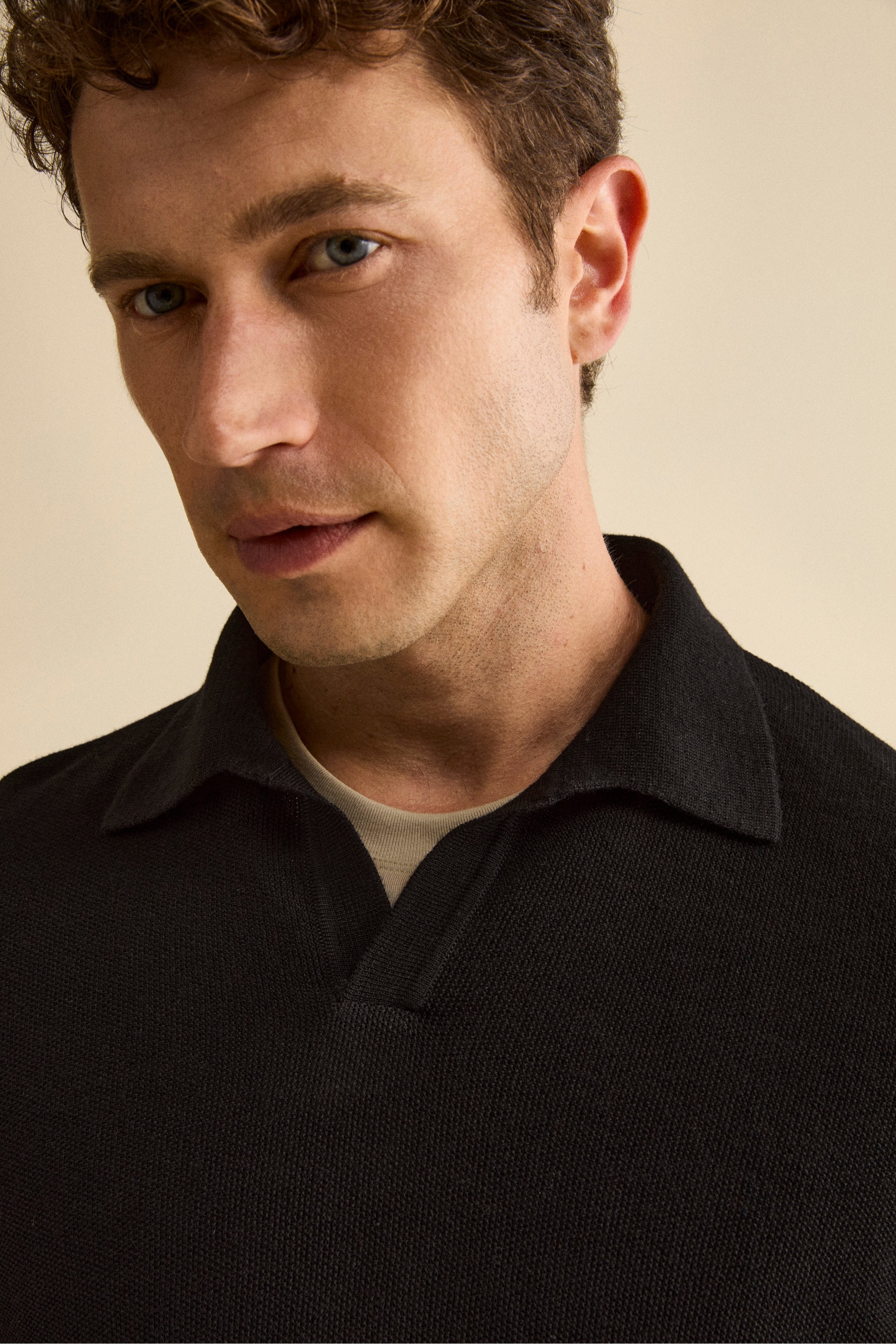 Derby Polo in Merino Wool with Elbow Patches - BLACK