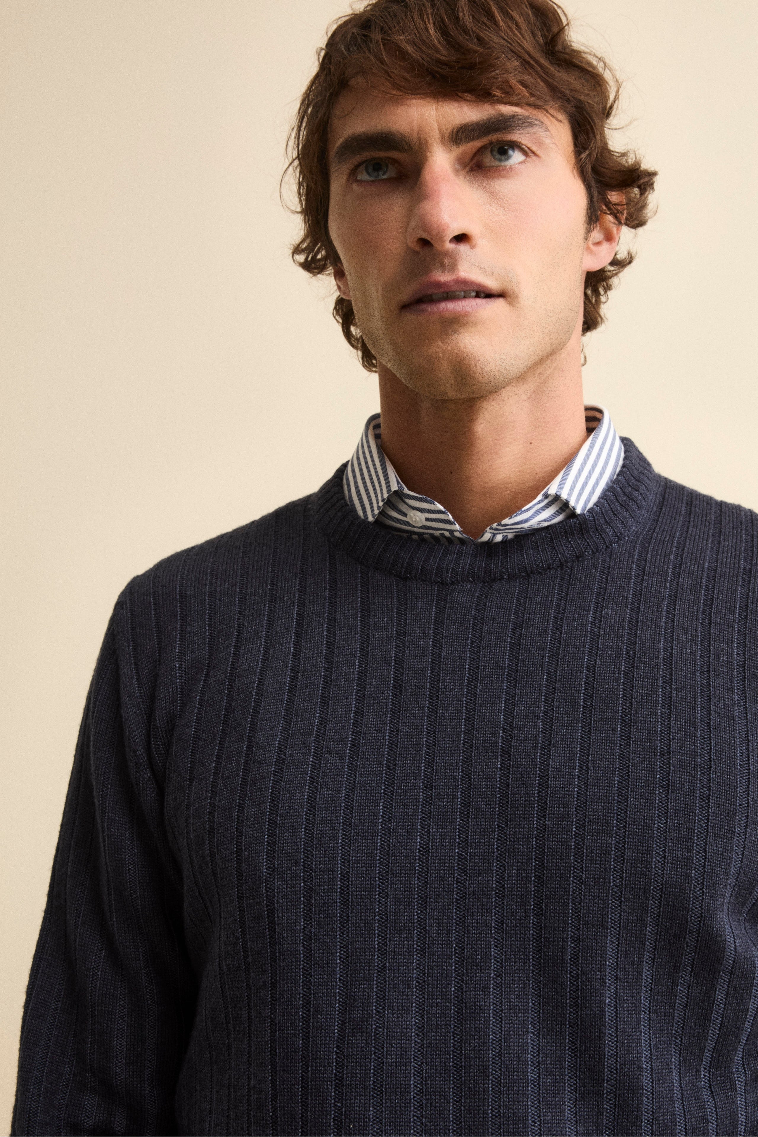 Ribbed Crew Neck in Merino Wool - BLUE MARINE