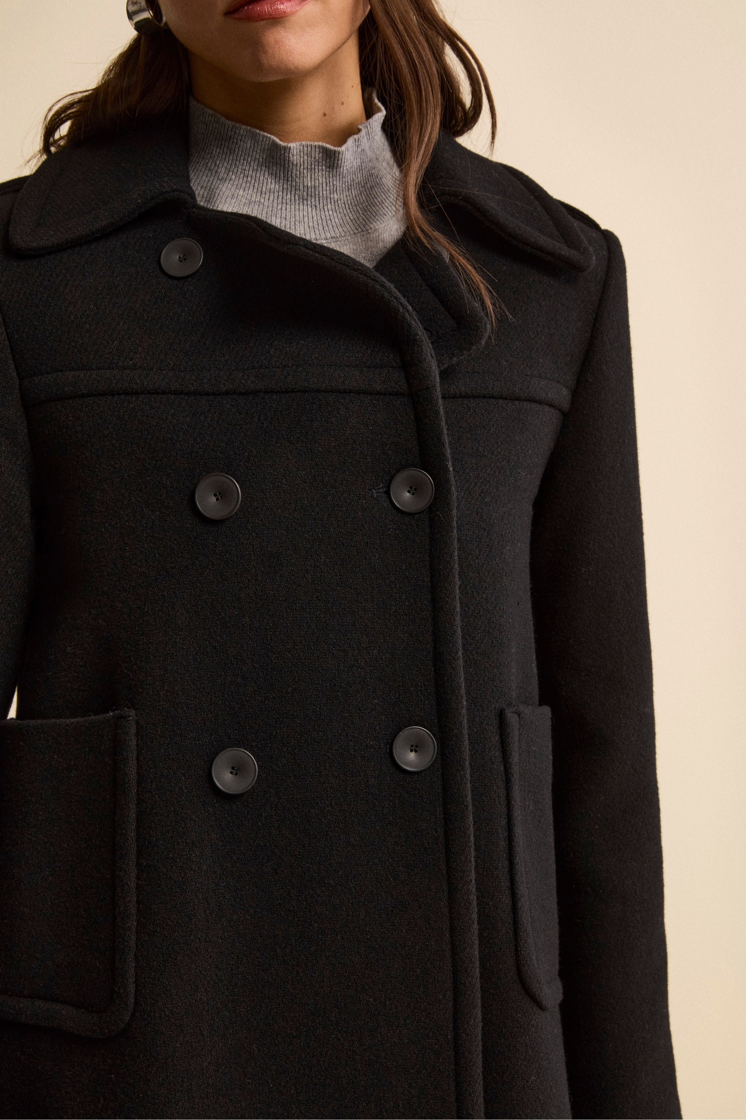 Midi Double-Breasted Virgin Wool Coat with Martingale - BLACK