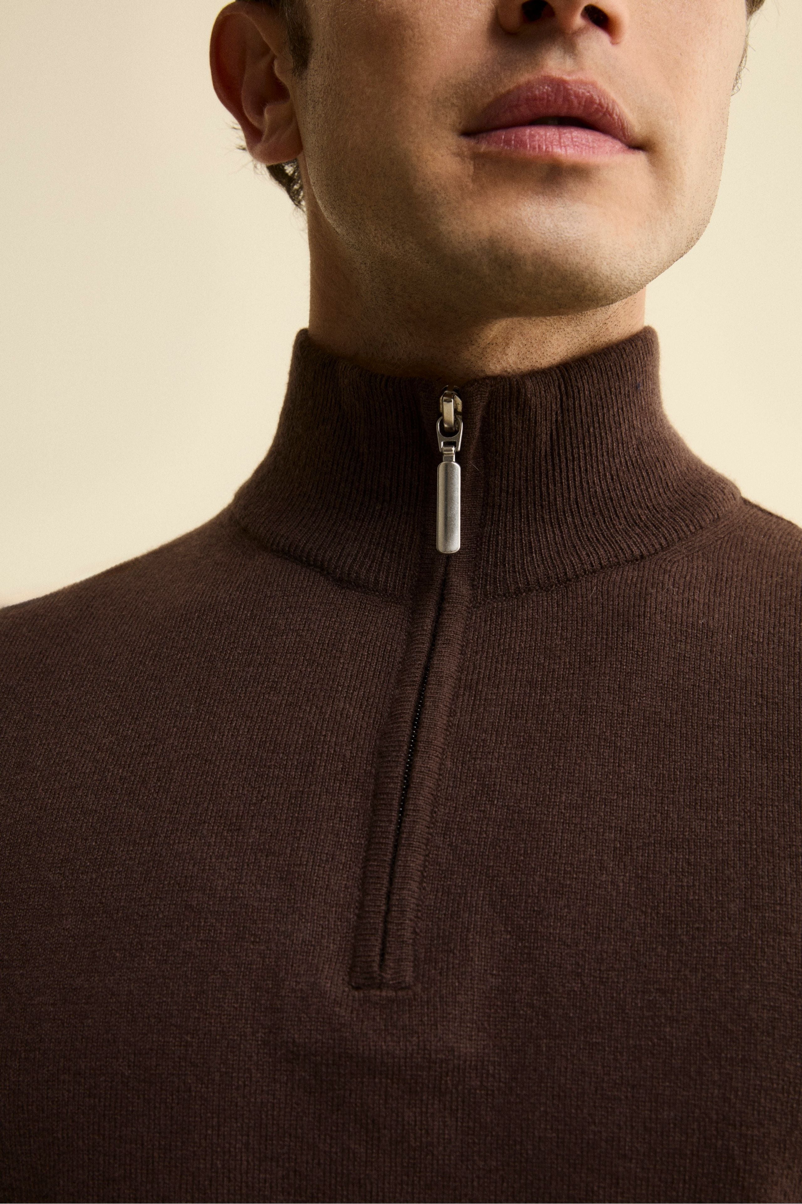 Turtleneck with Zip in Wool and Cashmere - brown