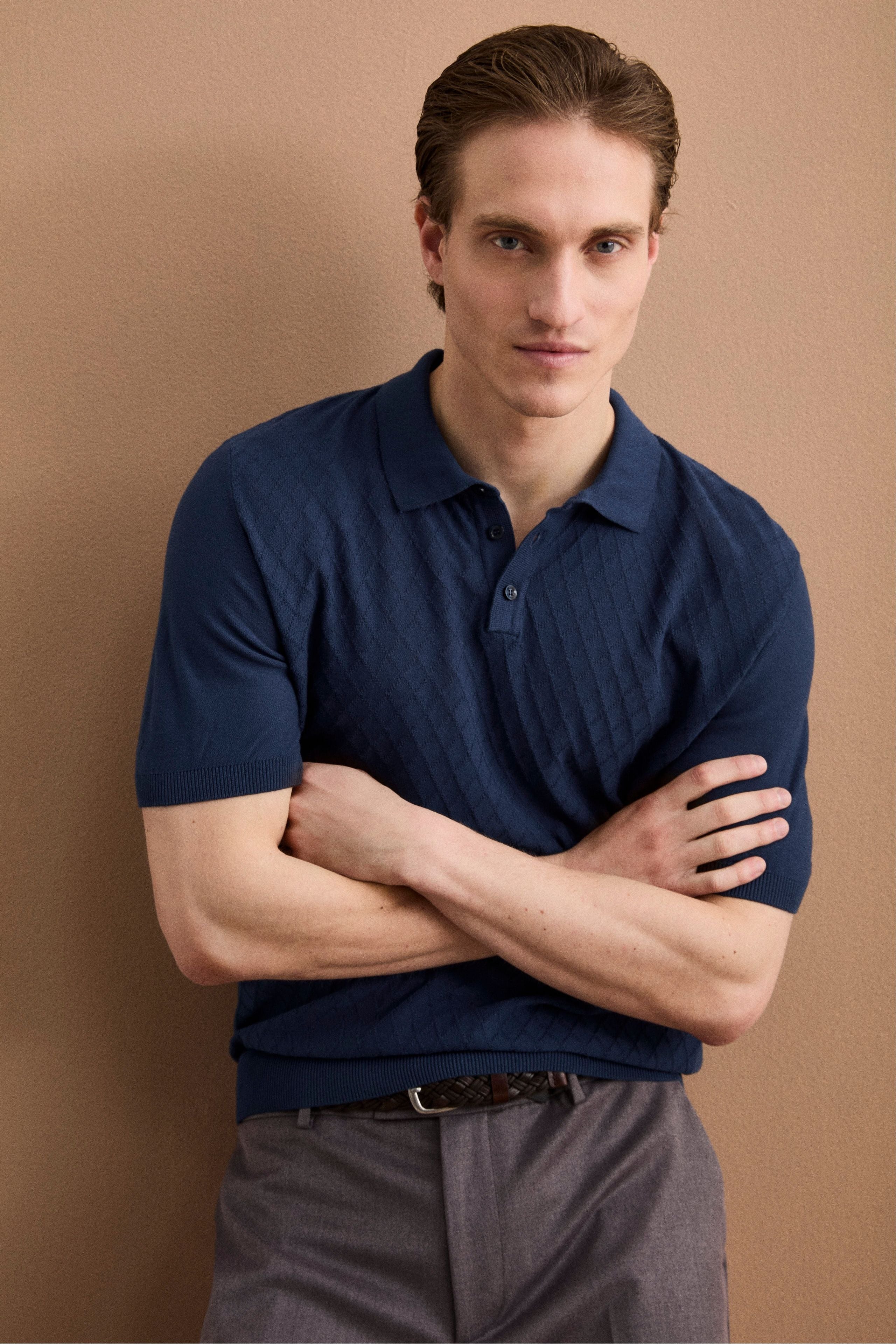 Polo Mezza Manica a Rombi in Cotone Piquet - BLU CHIARO