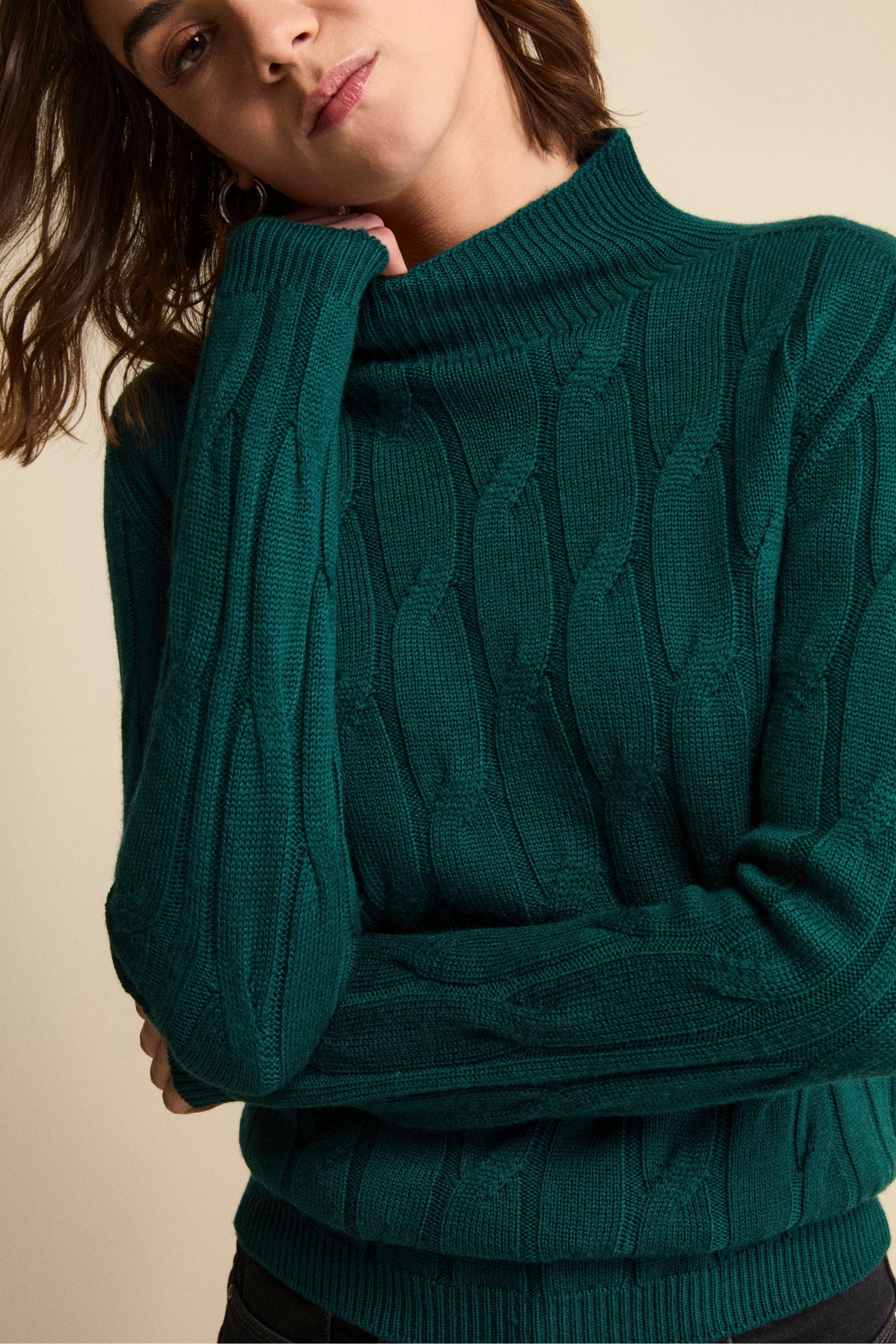 Cable-Knit Mock-Neck in Merino Wool - GREEN