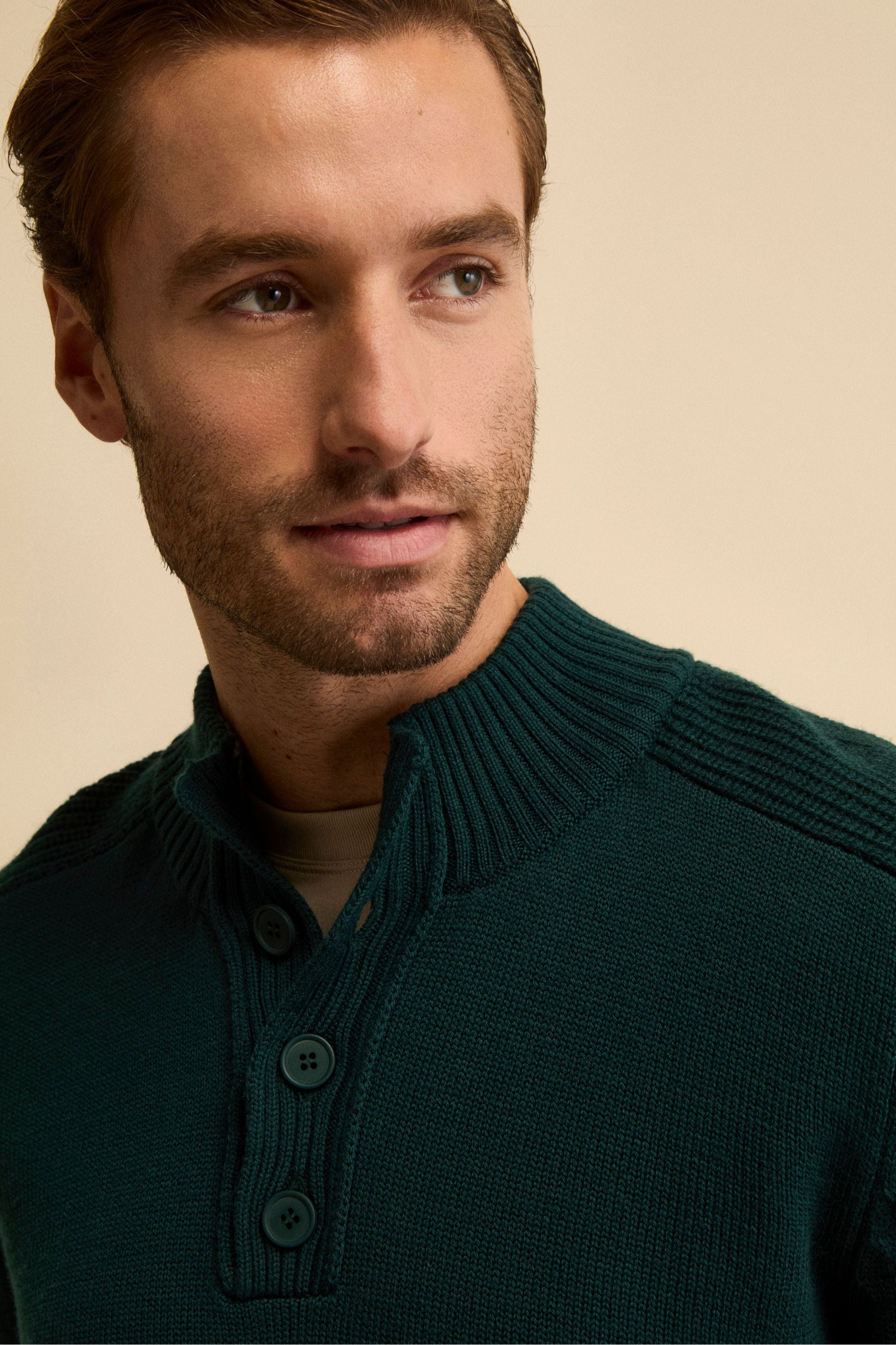 Buttoned Mock Neck in Mouline Virgin Wool - GREEN