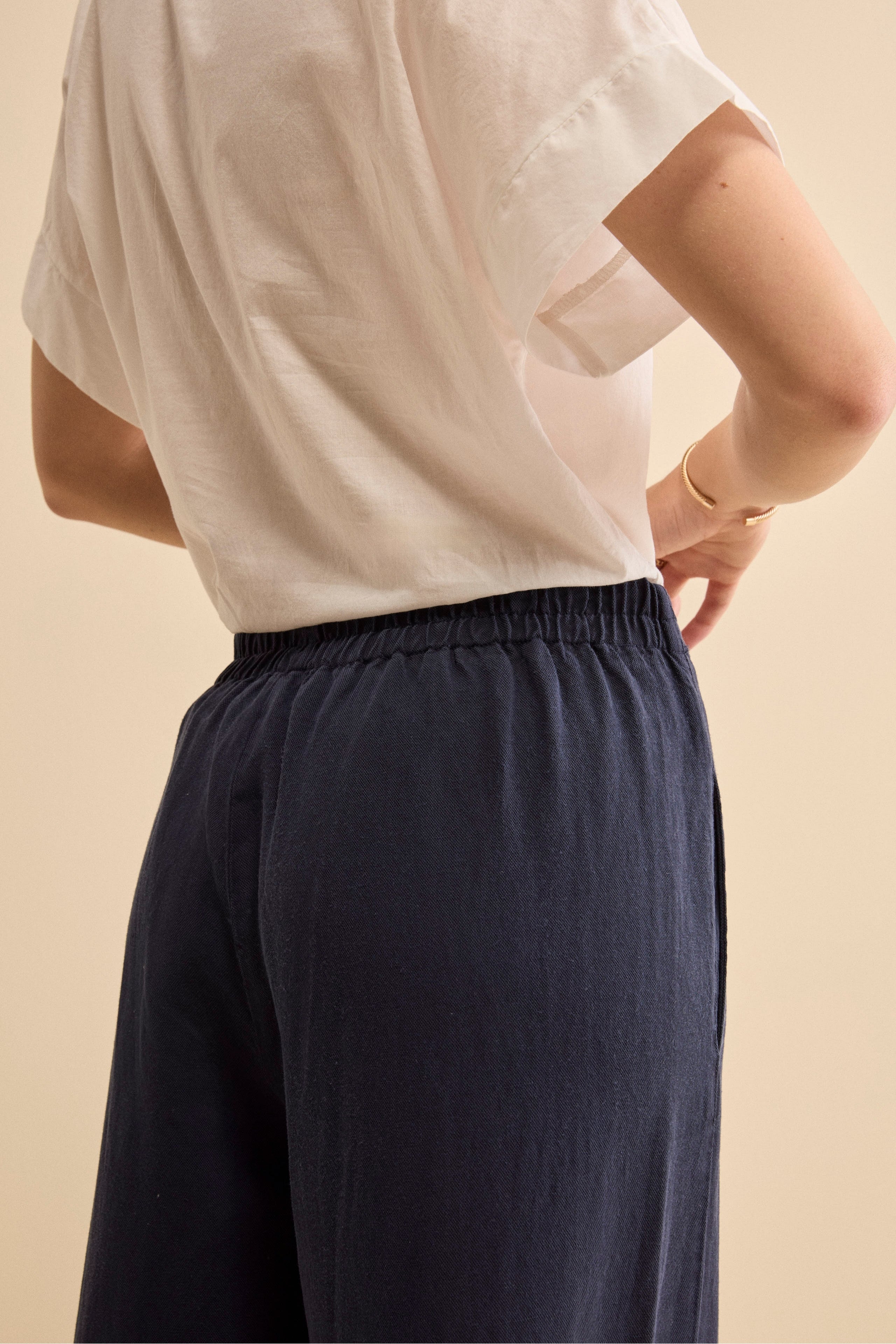 Pantalone Ampio in Misto Lino con Elastico - BLU