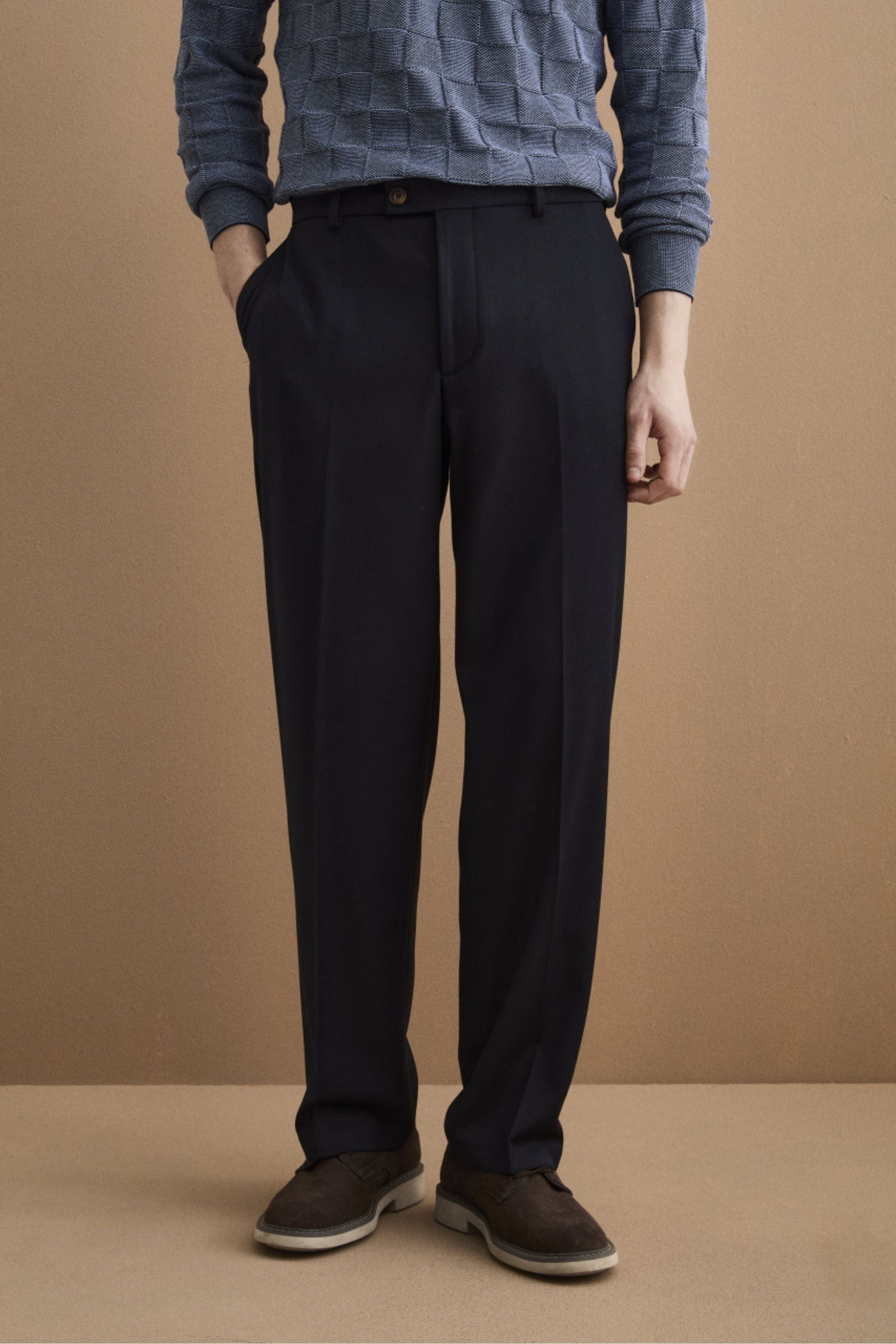 Pantalone Gamba Larga in Misto Lana con Piega - BLU SCURO