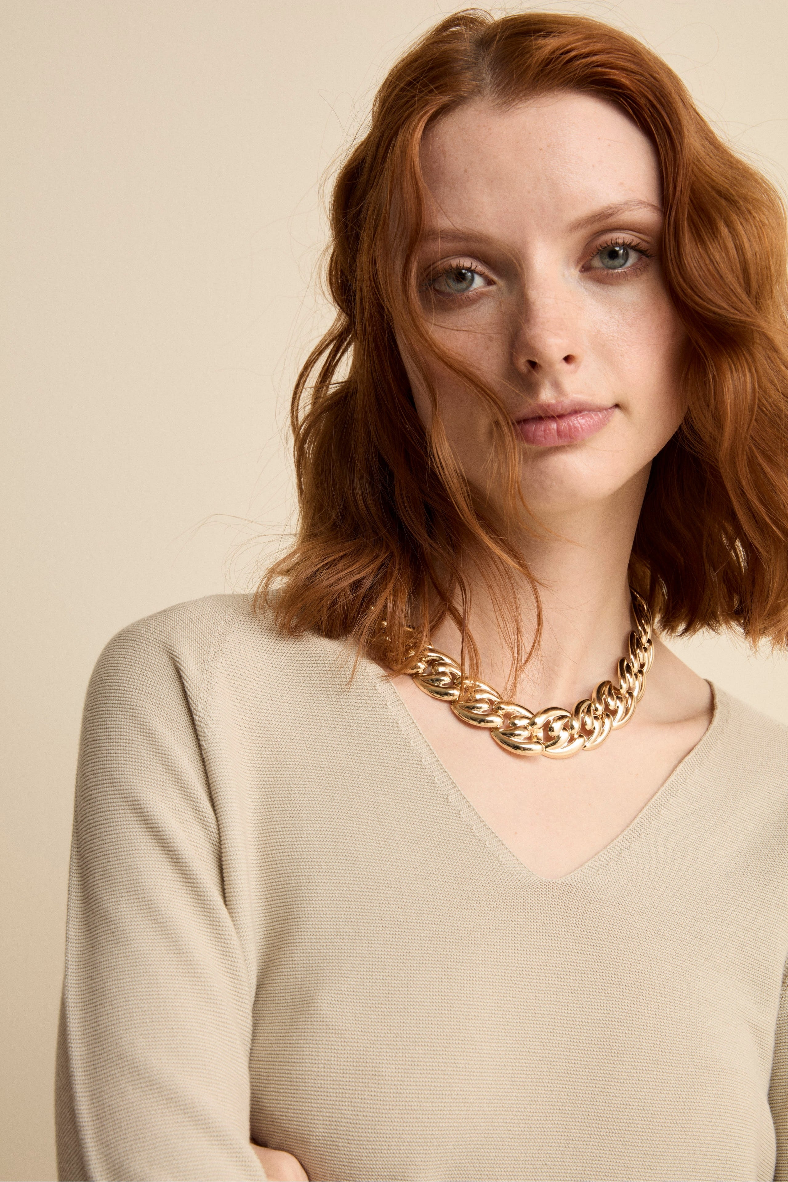 Pullover Links con Scollo a V in Cotone - BEIGE