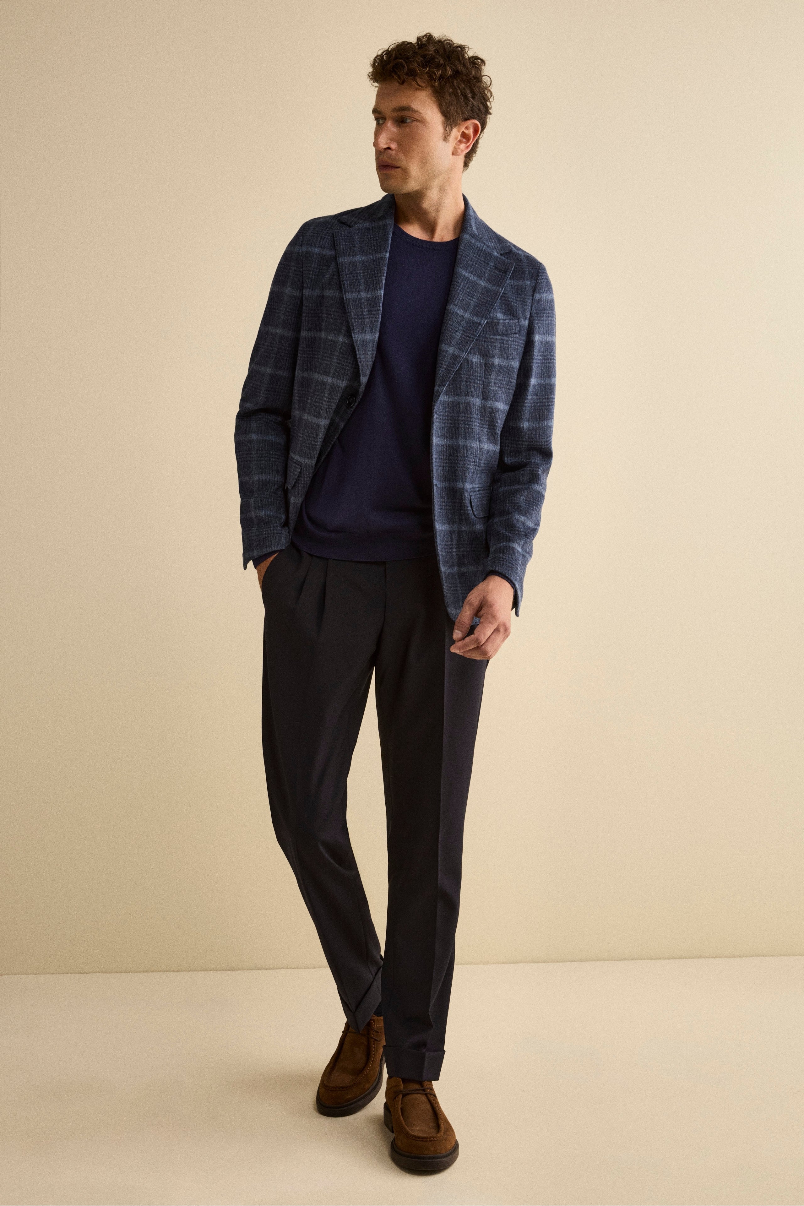 Unstructured Check Jacket in Wool Blend - BLUE