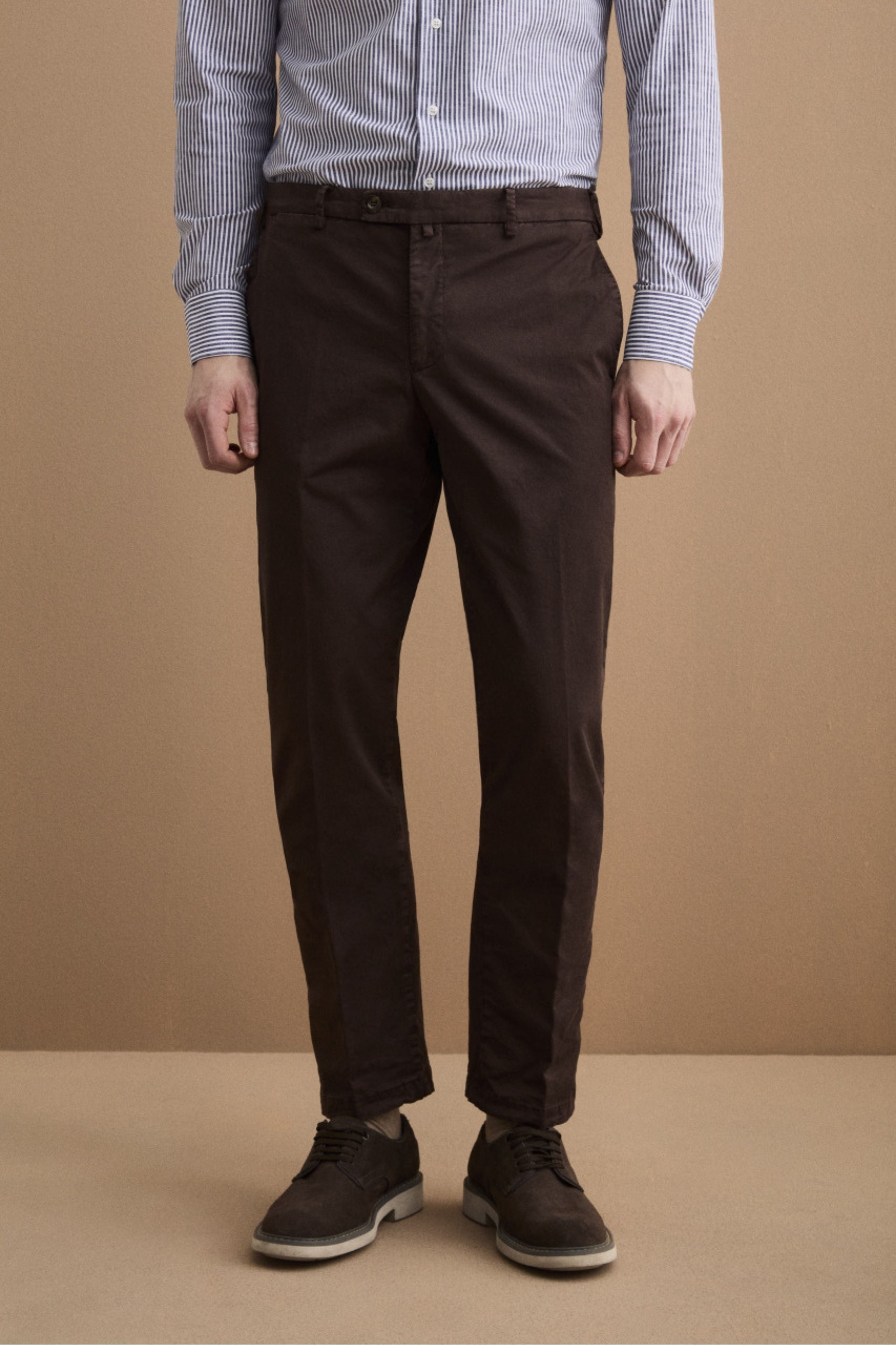 Pantalone Regular Fit in Gabardina di Cotone - MARRONE