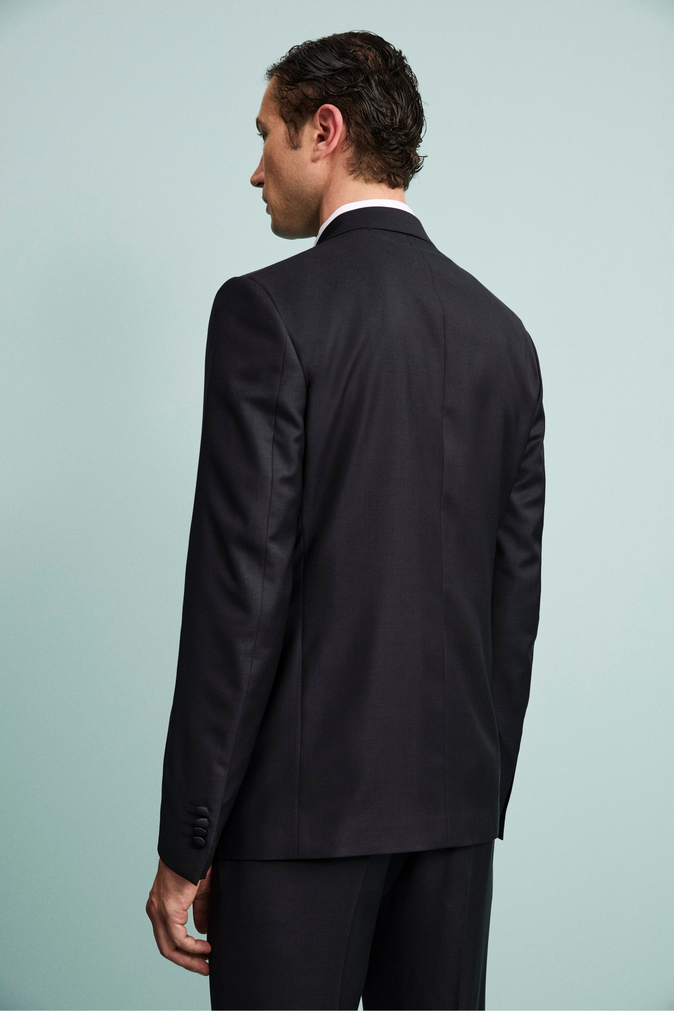 Smoking in Lana Vergine con Revers in Raso - BLU