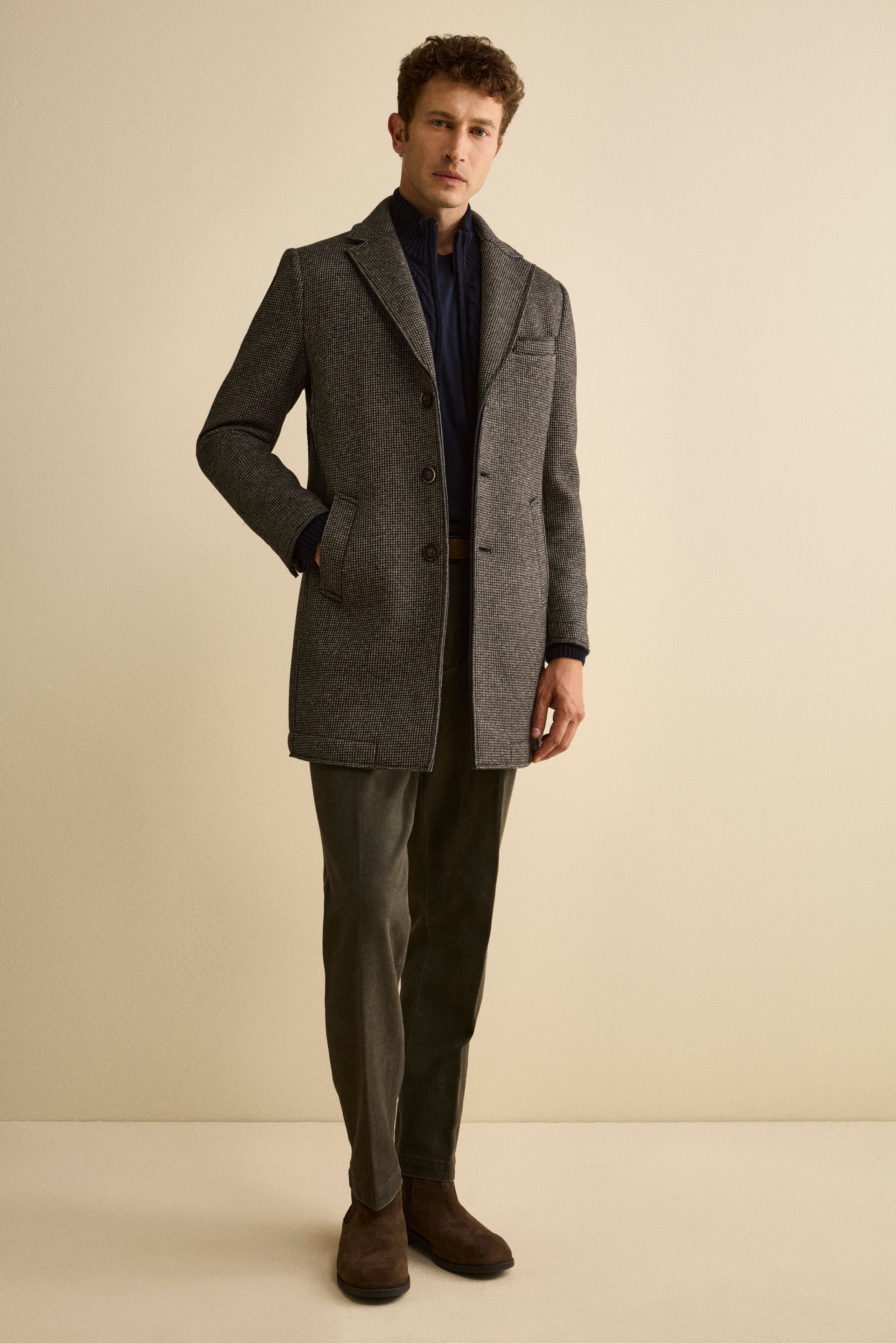 Raw-Cut Midi Patterned Coat - Grey-Black