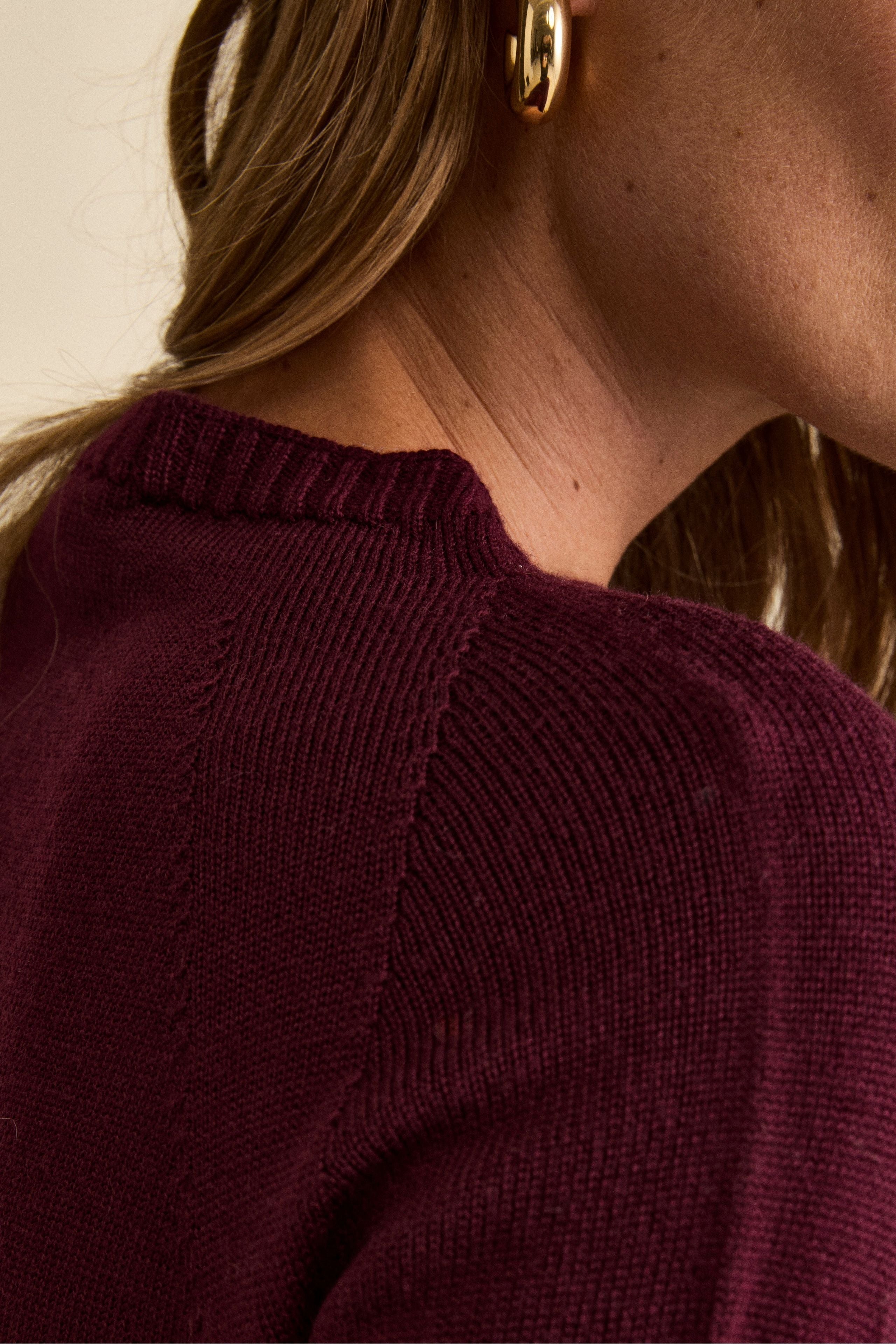 Merino Wool Crewneck with Ribbed Hem - Burgundy