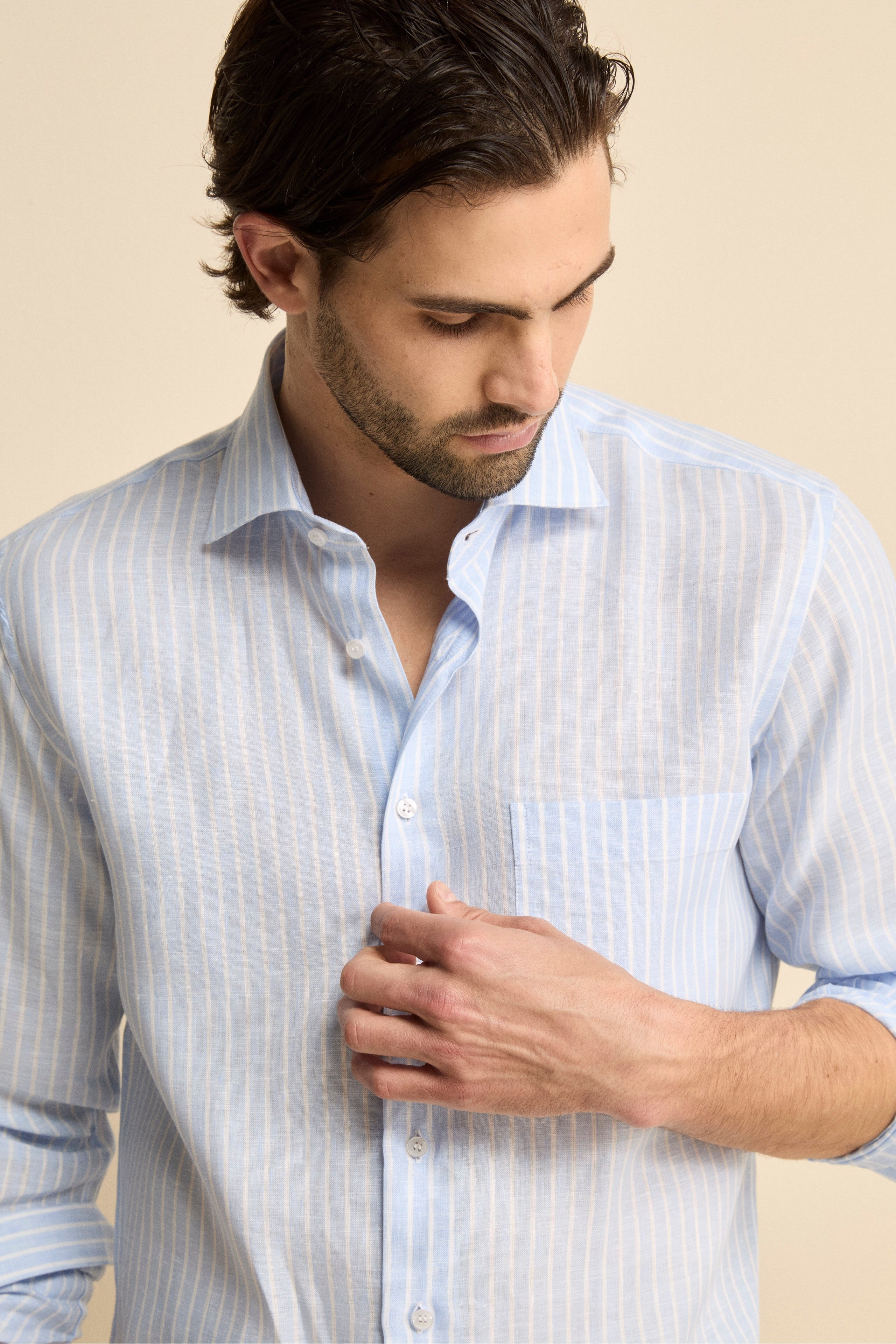 Camicia Fantasia con Taschino Custom Fit in Lino - AZZURRO RIGATO