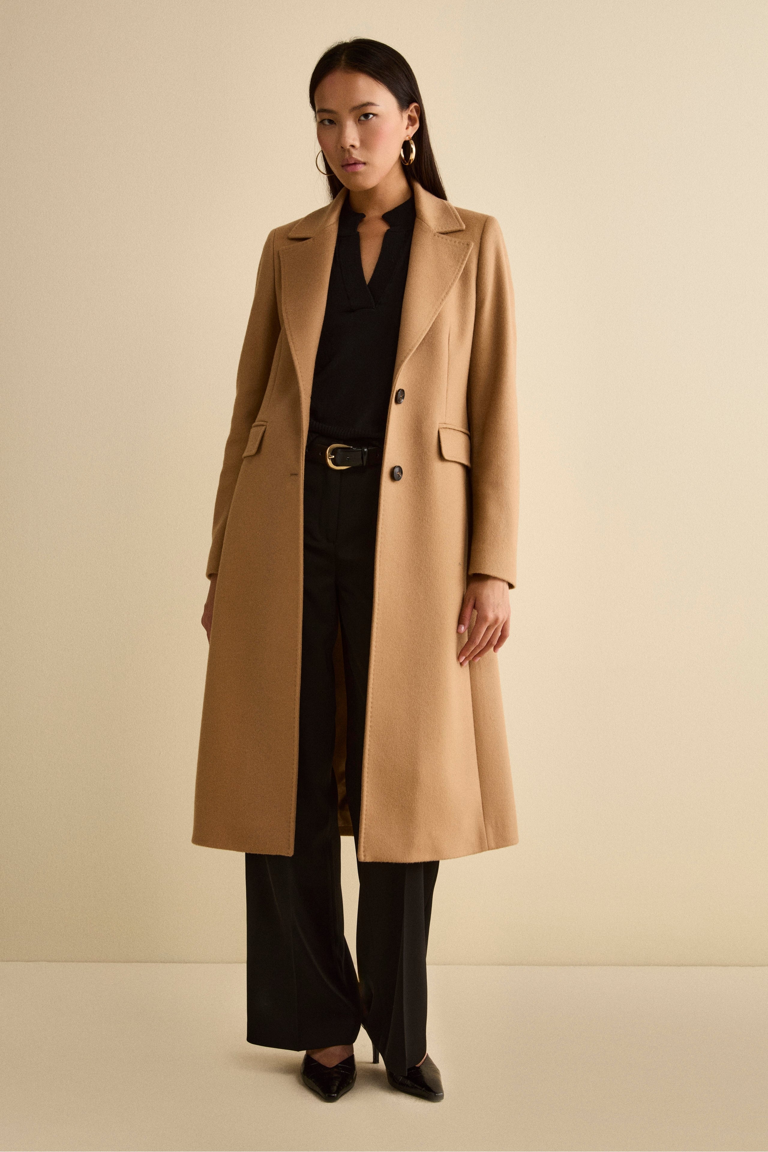 Long Single-Breasted Coat in Virgin Wool - Camel