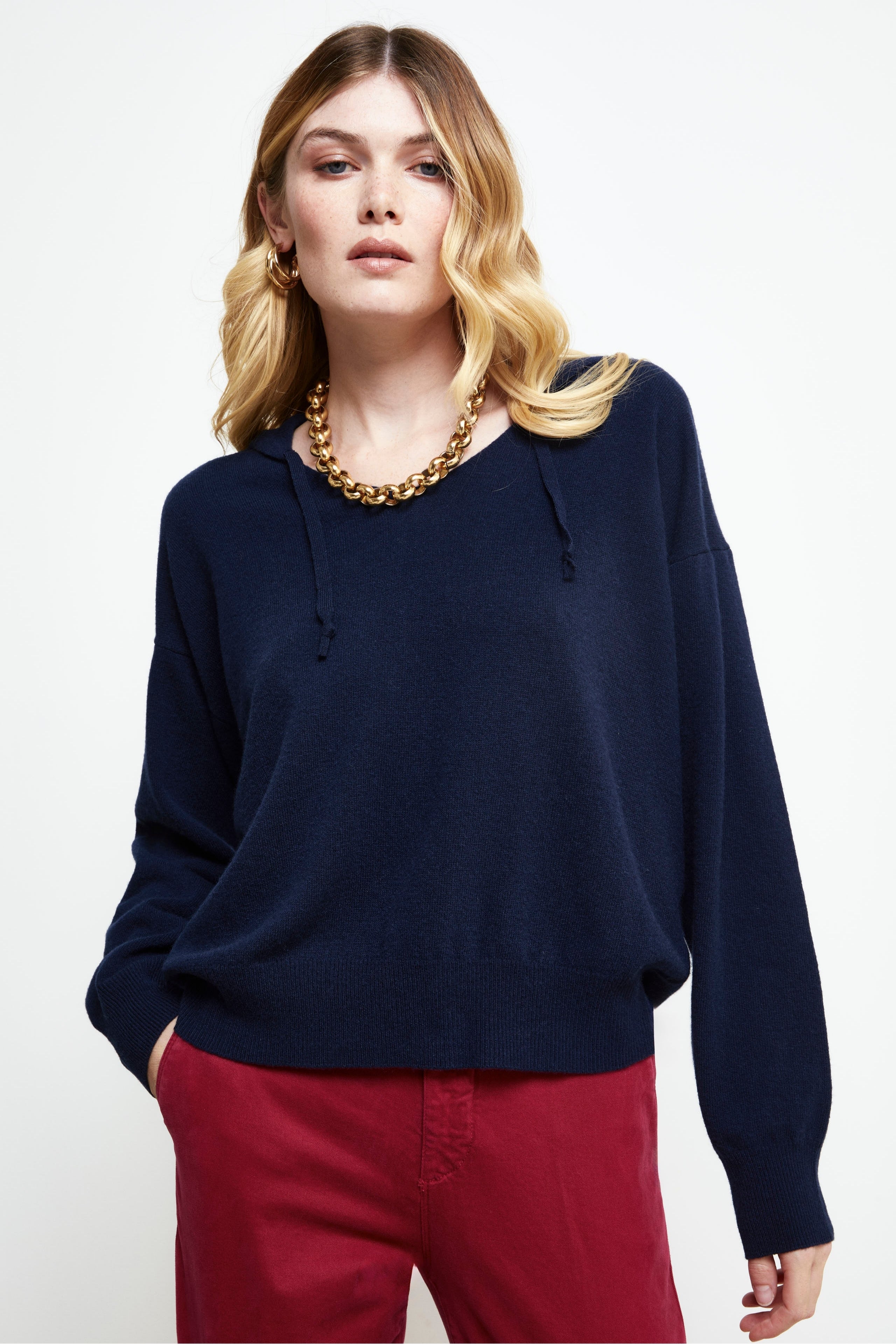 Maglia con cappuccio in lana e cashmere - BLU