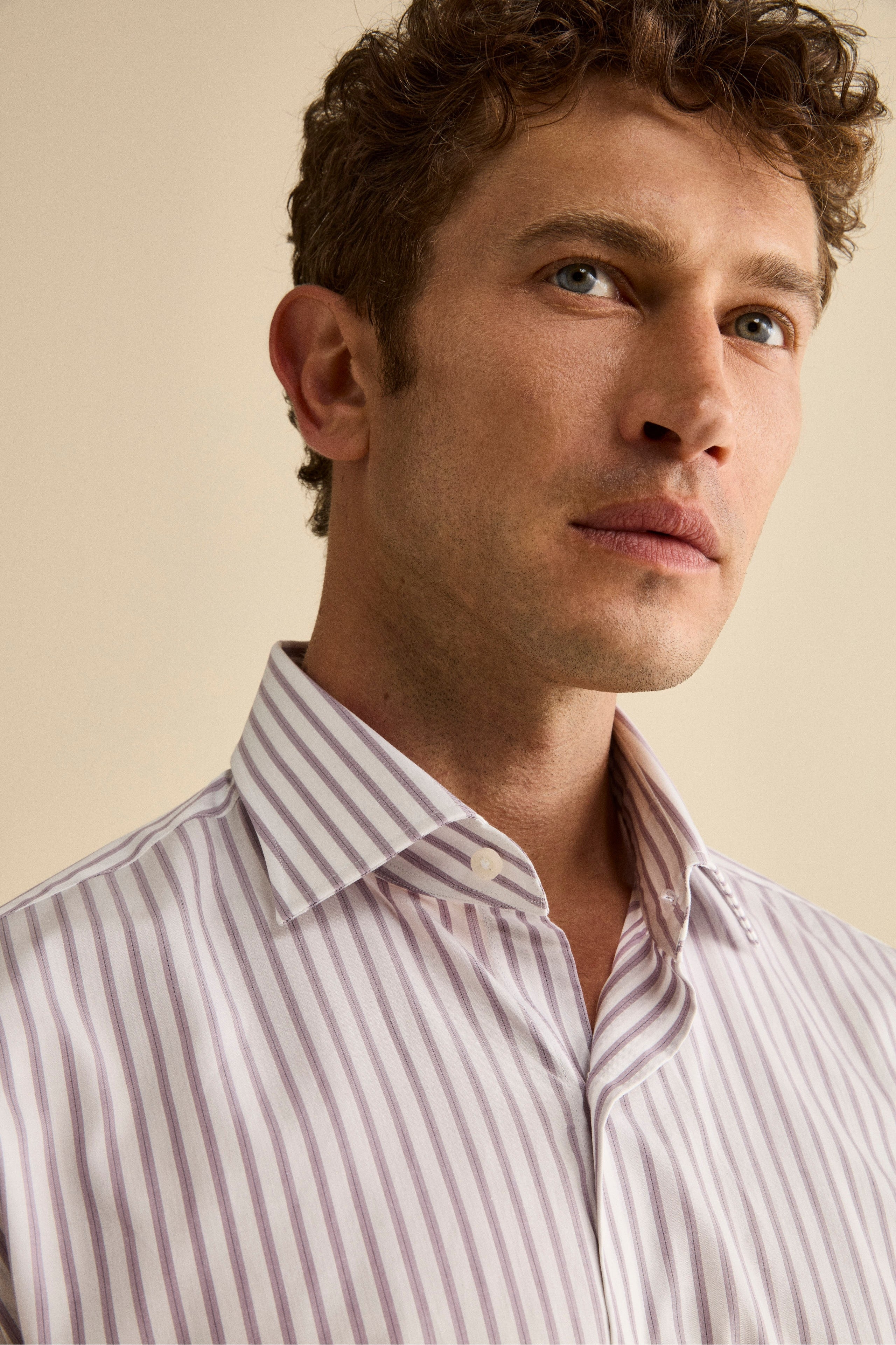 Cotton Printed Shirt Custom Fit with French Collar - WHITE/LILAC STRIPED