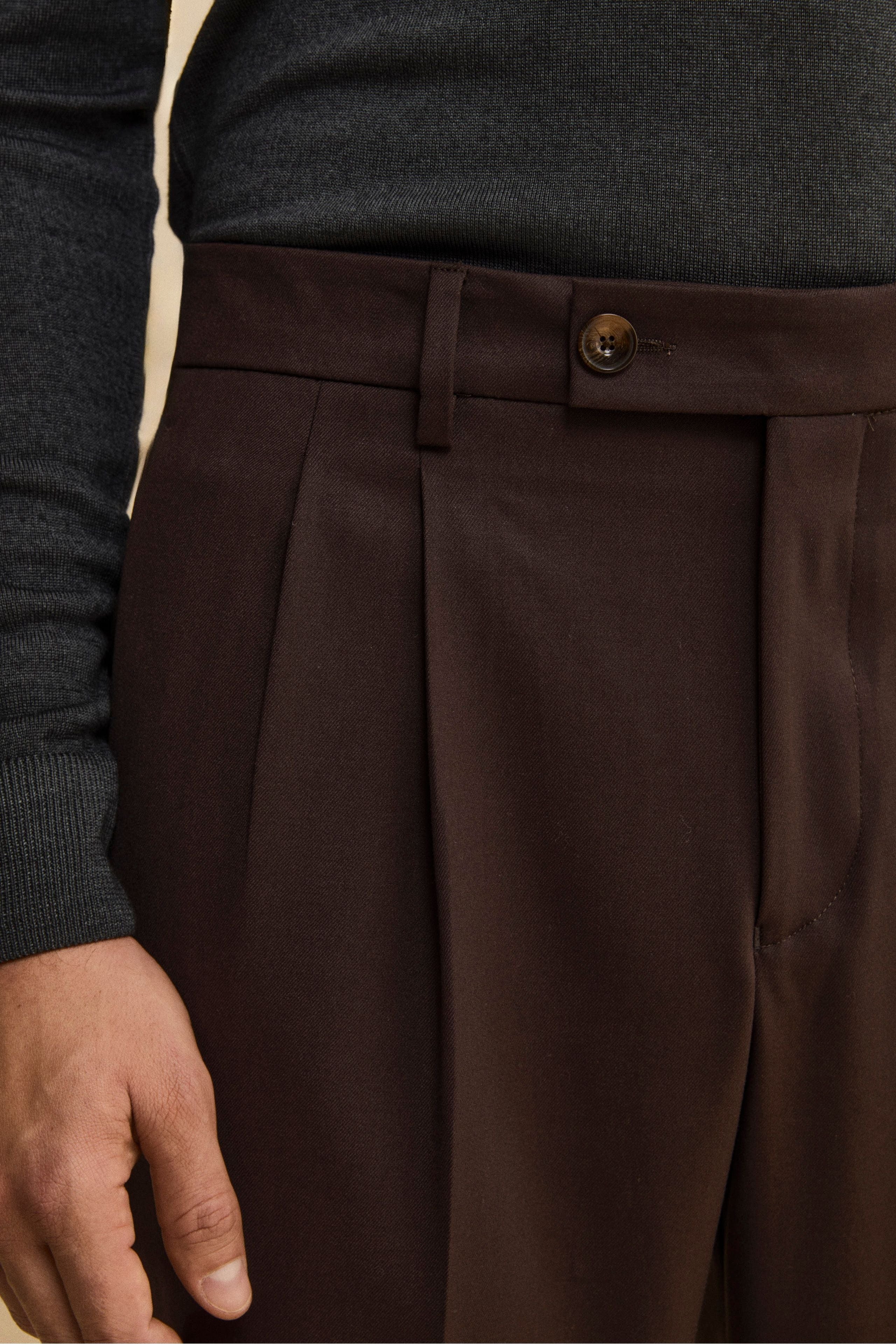 Pantalon Large en Laine Mélangée avec Pinces - marron