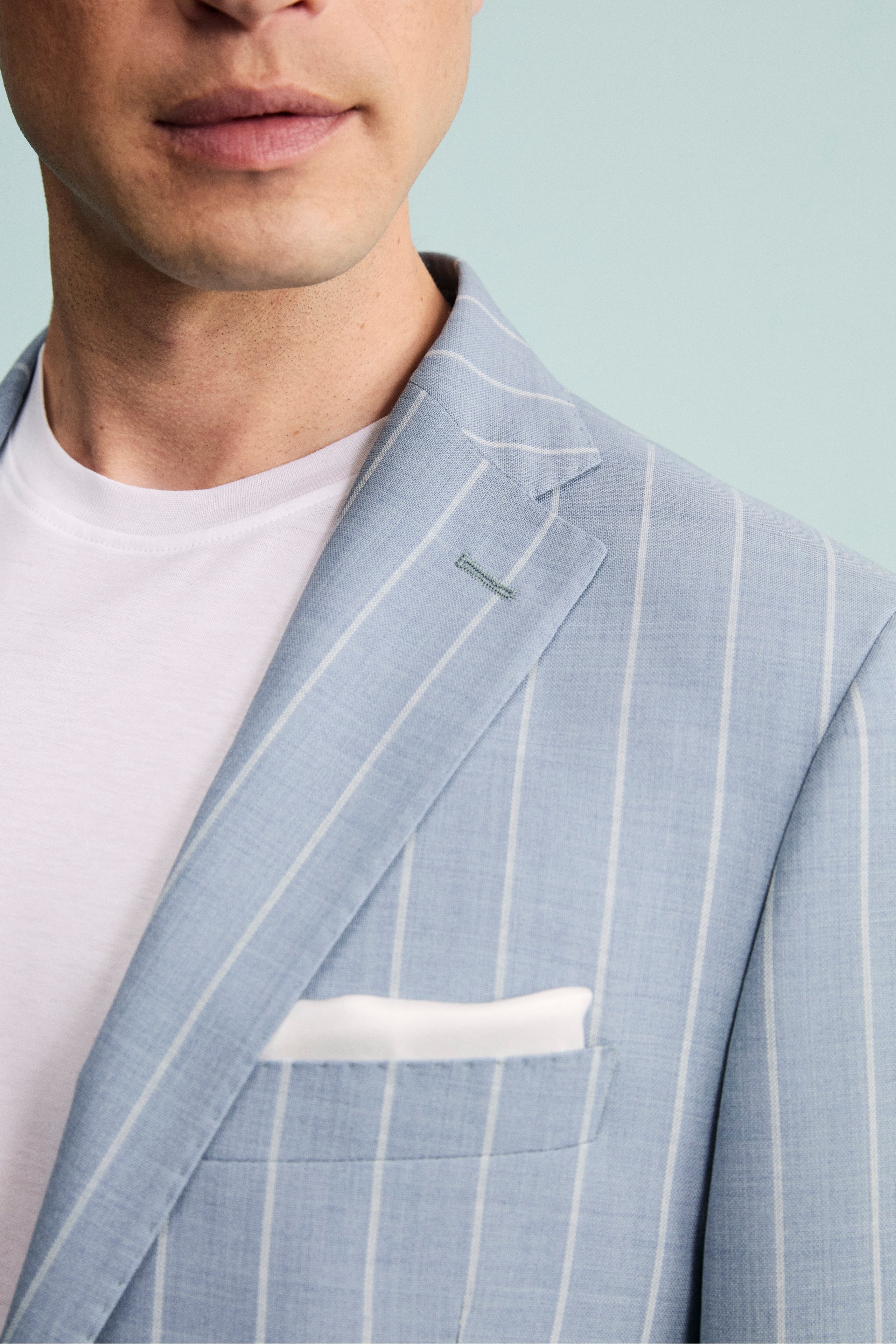 Abito Gessato Monopetto Slim Fit in Lana Vergine - AZZURRO RIGATO