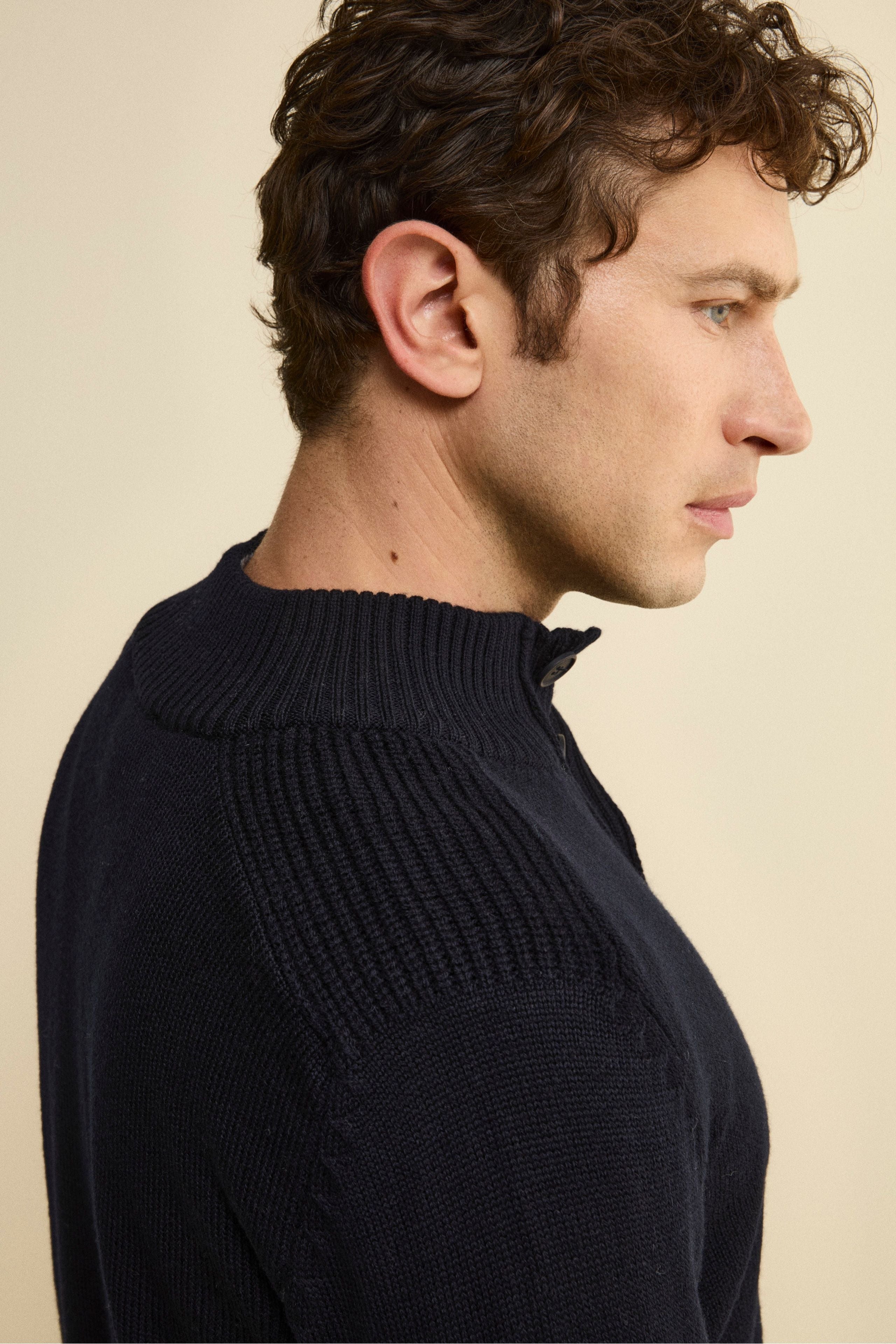 Buttoned Mock Neck in Mouline Virgin Wool - BLUE