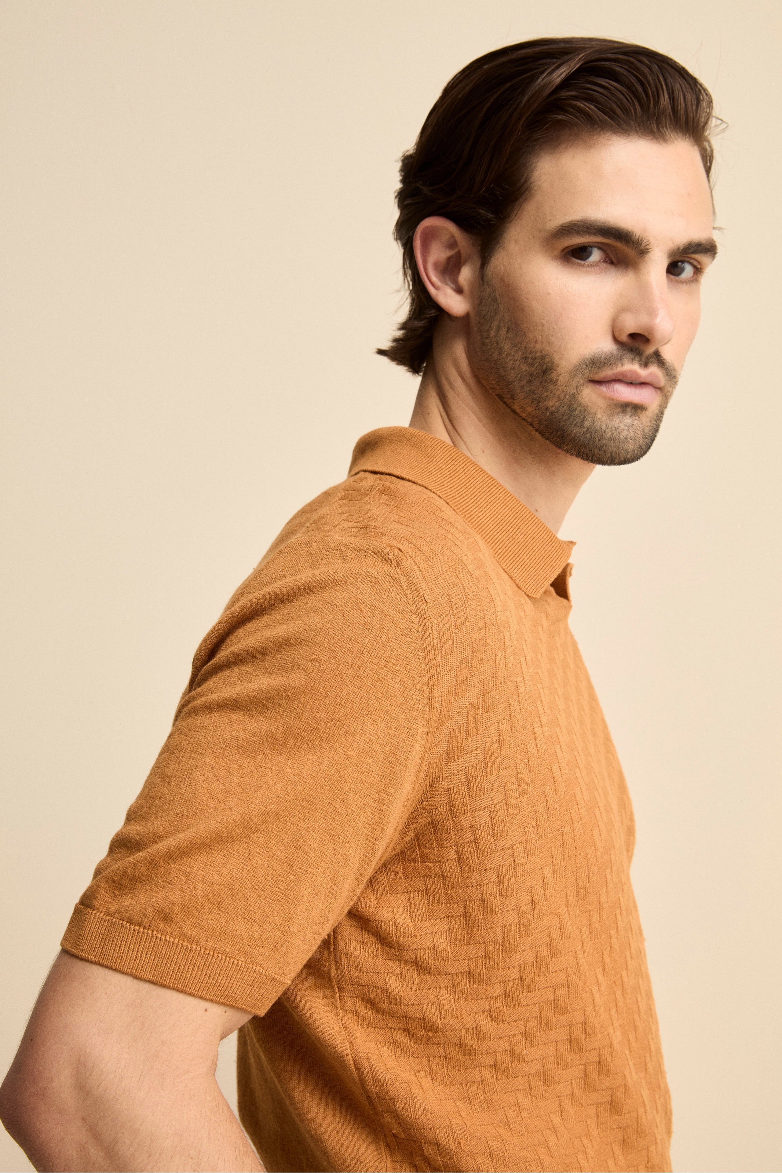 Polo Derby Mezza Manica in Misto Lino - NOCCIOLA