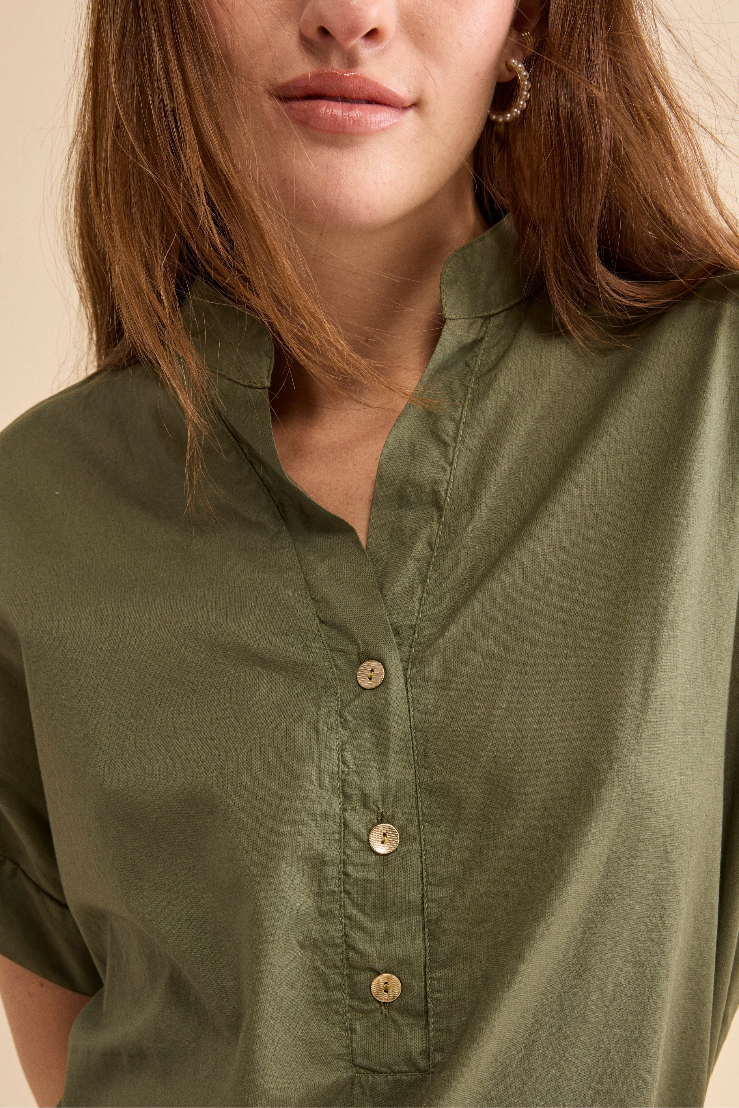 Blusa Boxy in Cotone con Bottoni - VERDE MILITARE