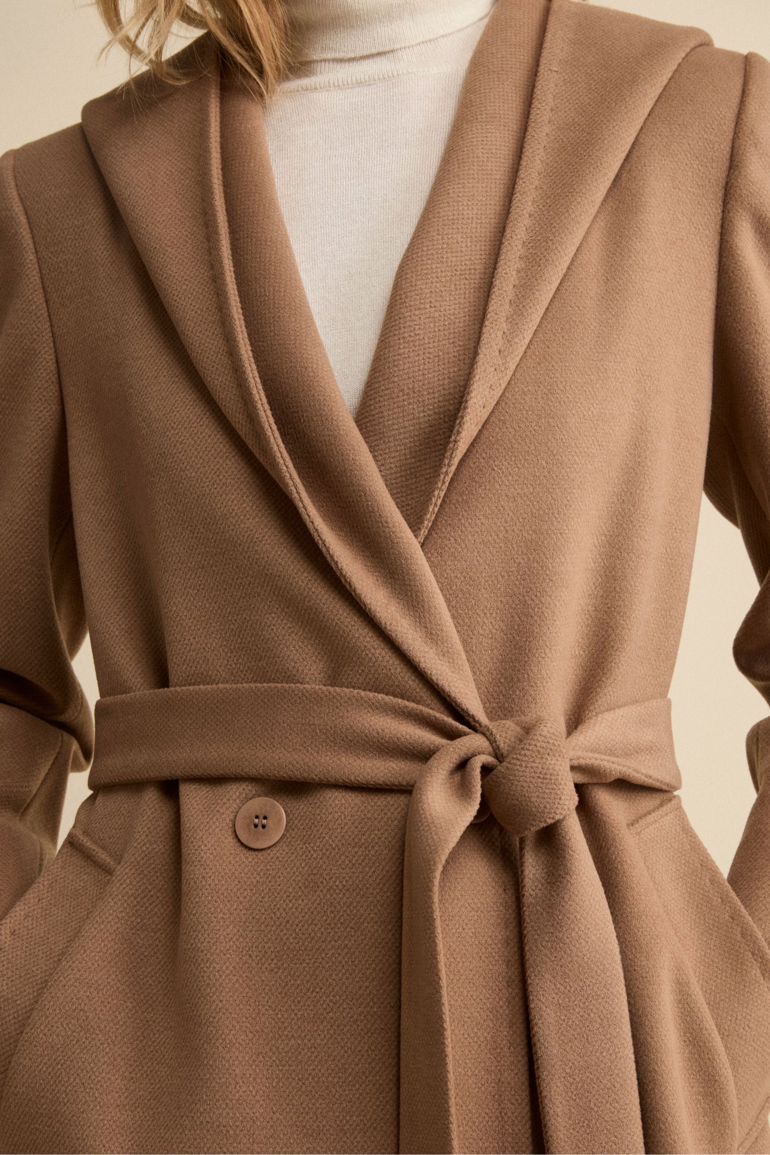 Long Belted Coat with Hood - Camel