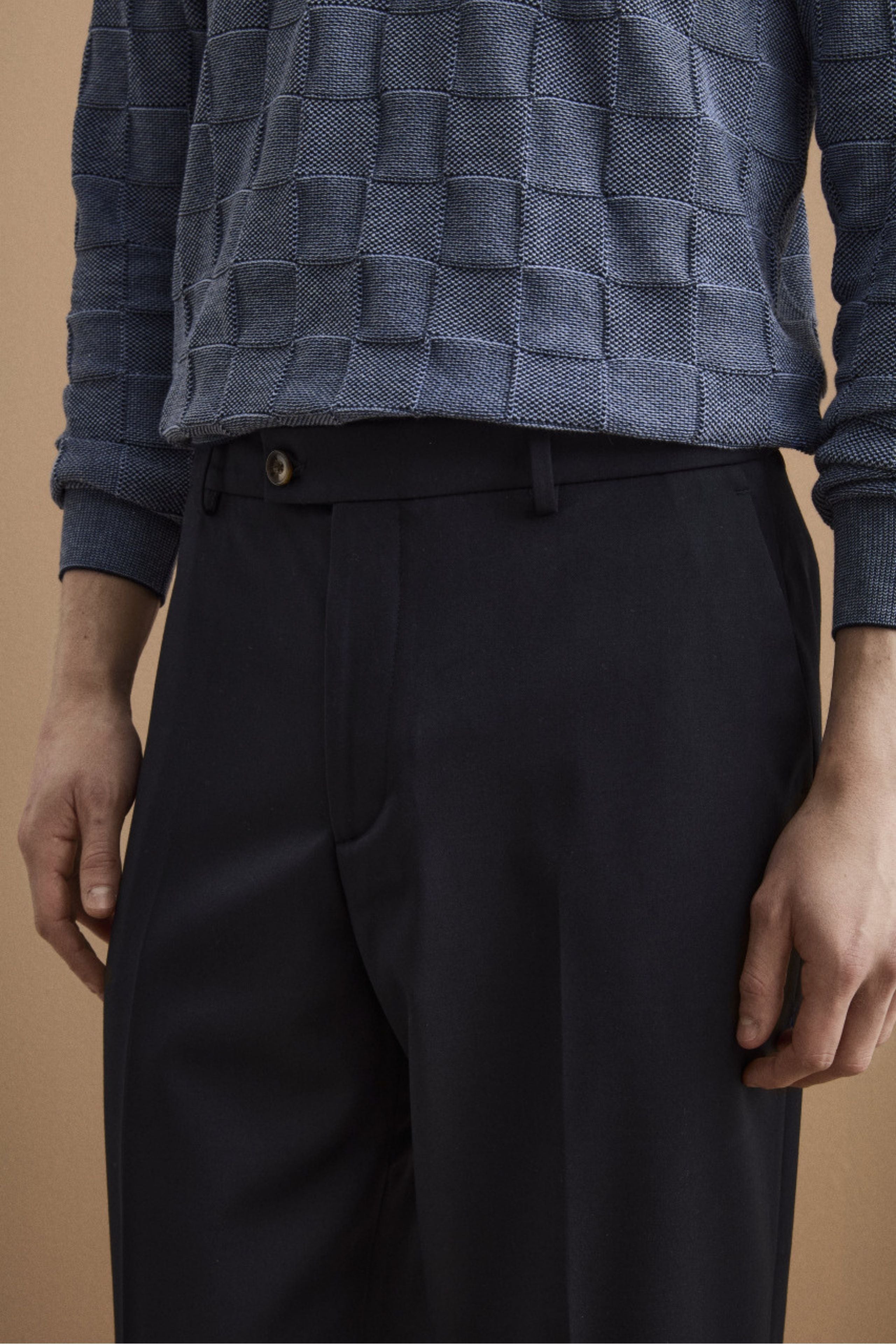 Pantalone Gamba Larga in Misto Lana con Piega - BLU SCURO