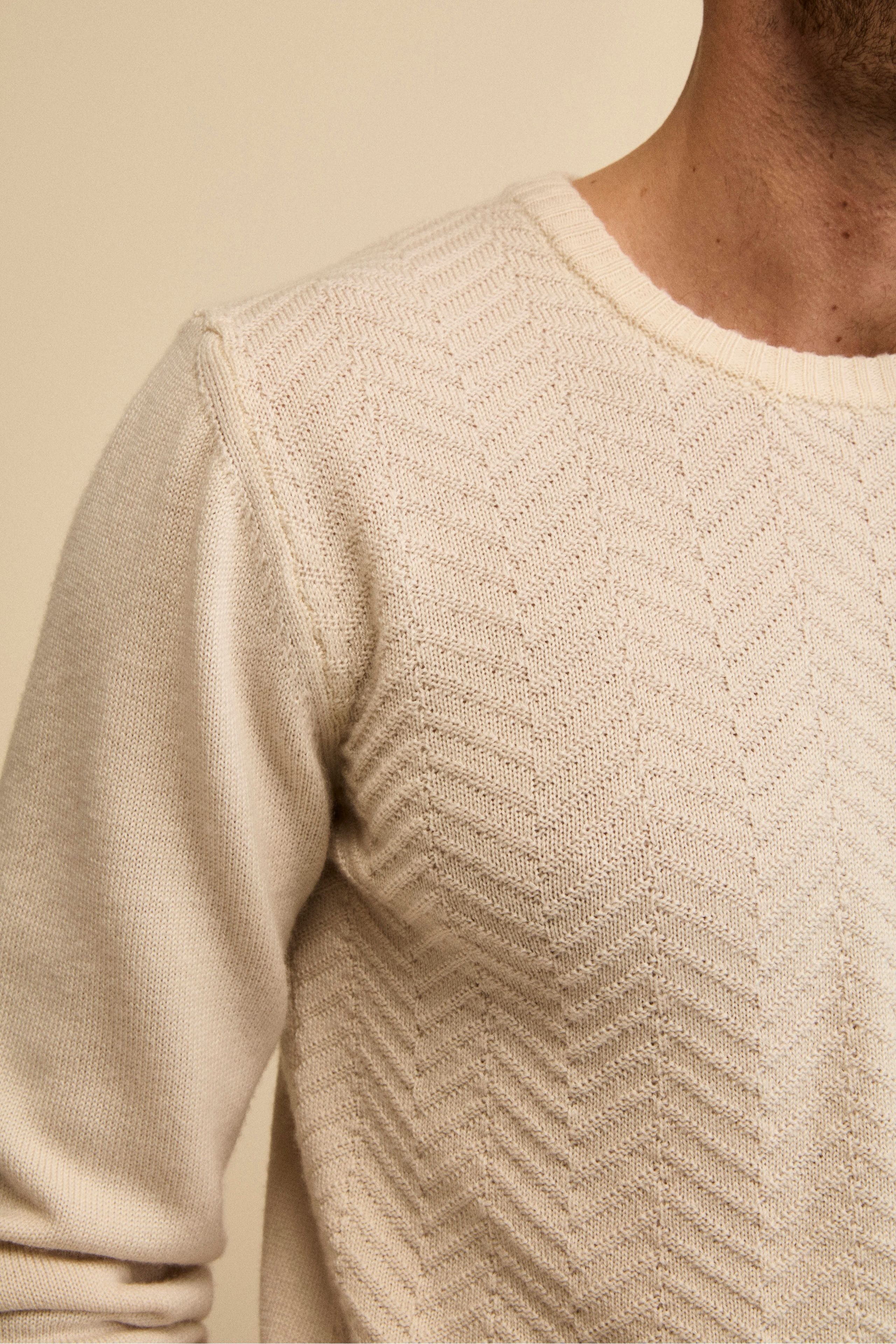Fisherman’s Rib Crewneck in Merino Wool - Butter white