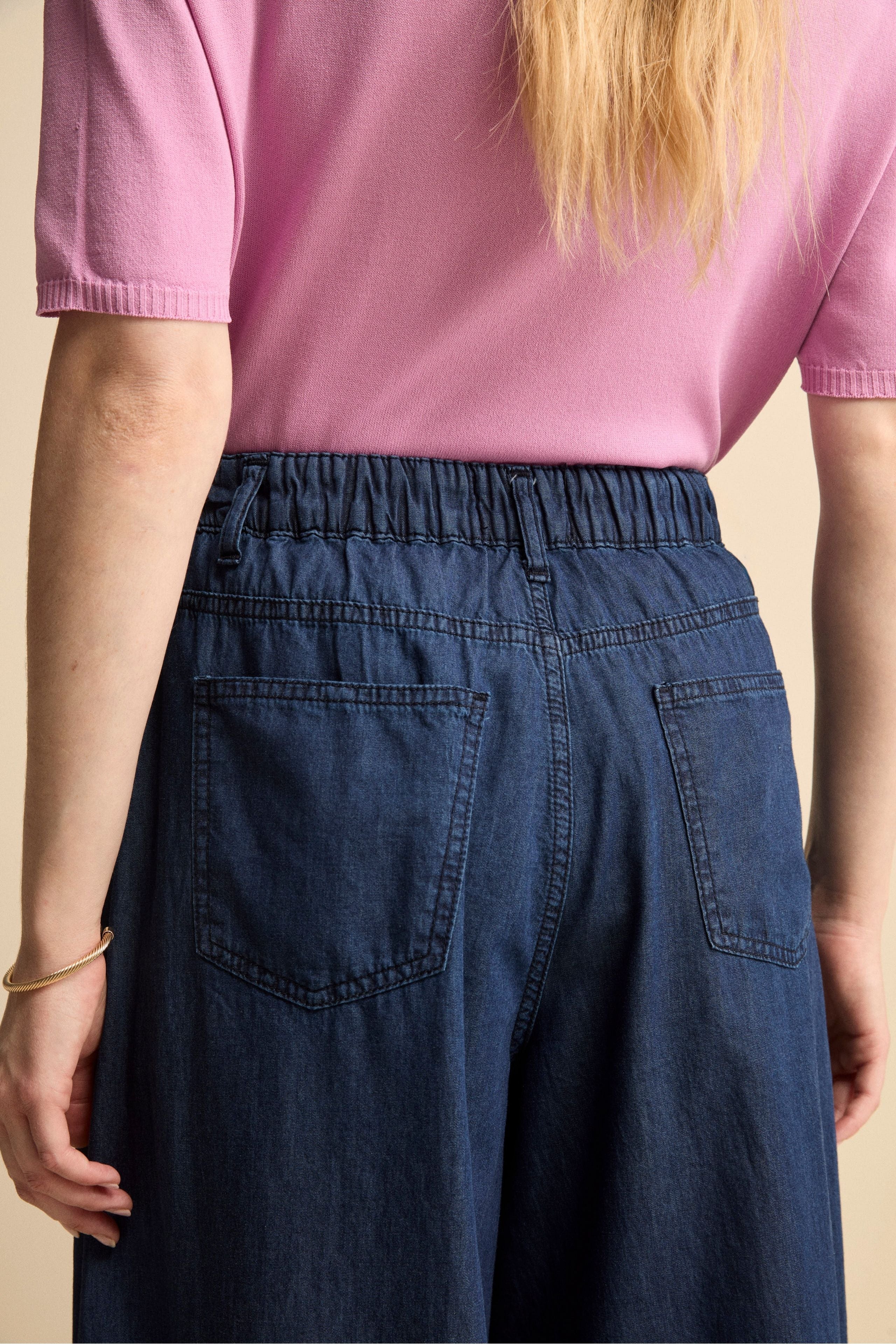 Pantalone Gamba Larga in Cotone Chambray - DENIM