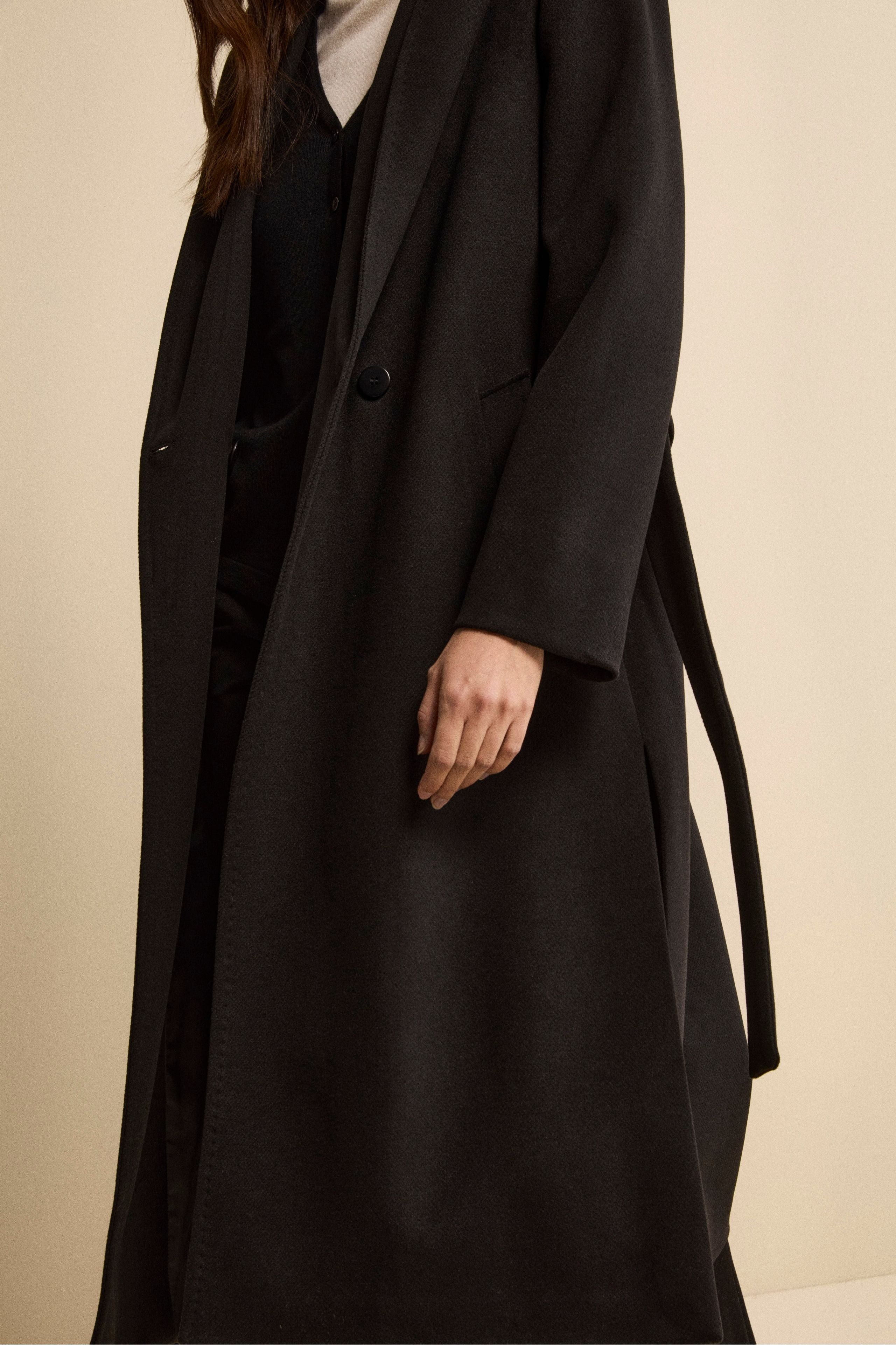 Long Belted Coat with Hood - BLACK