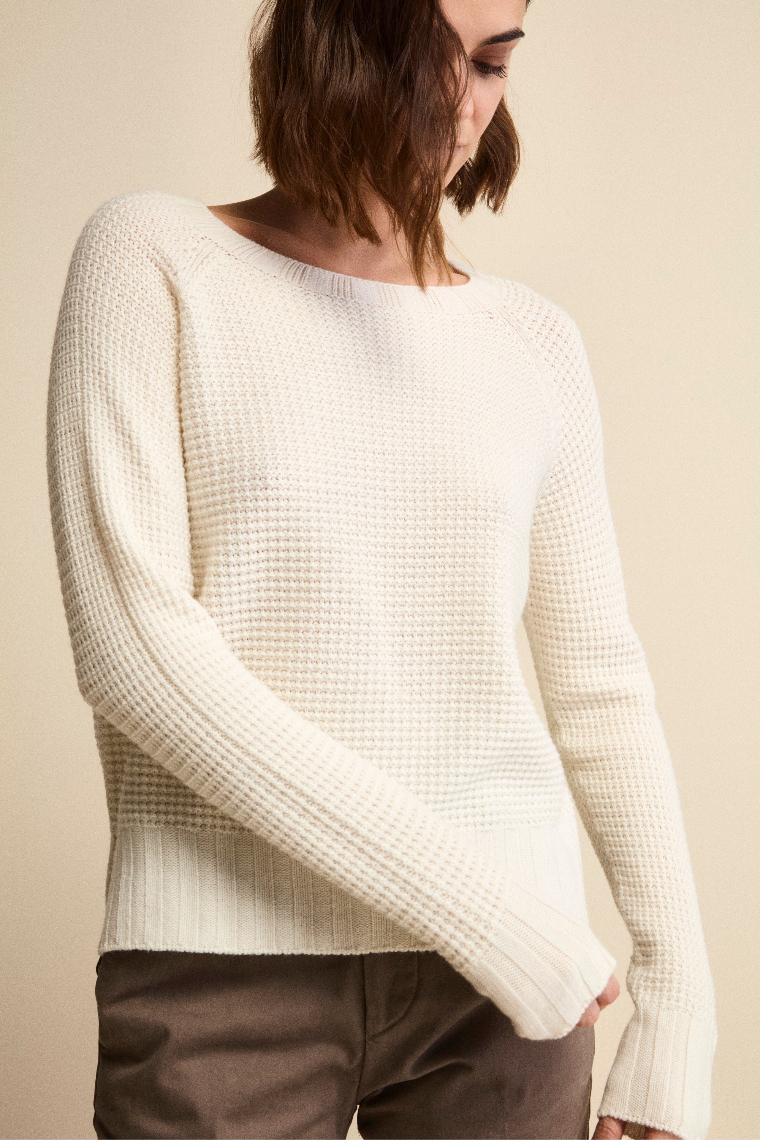 Boat-Neck Sweater in Textured Merino Wool - ECRU