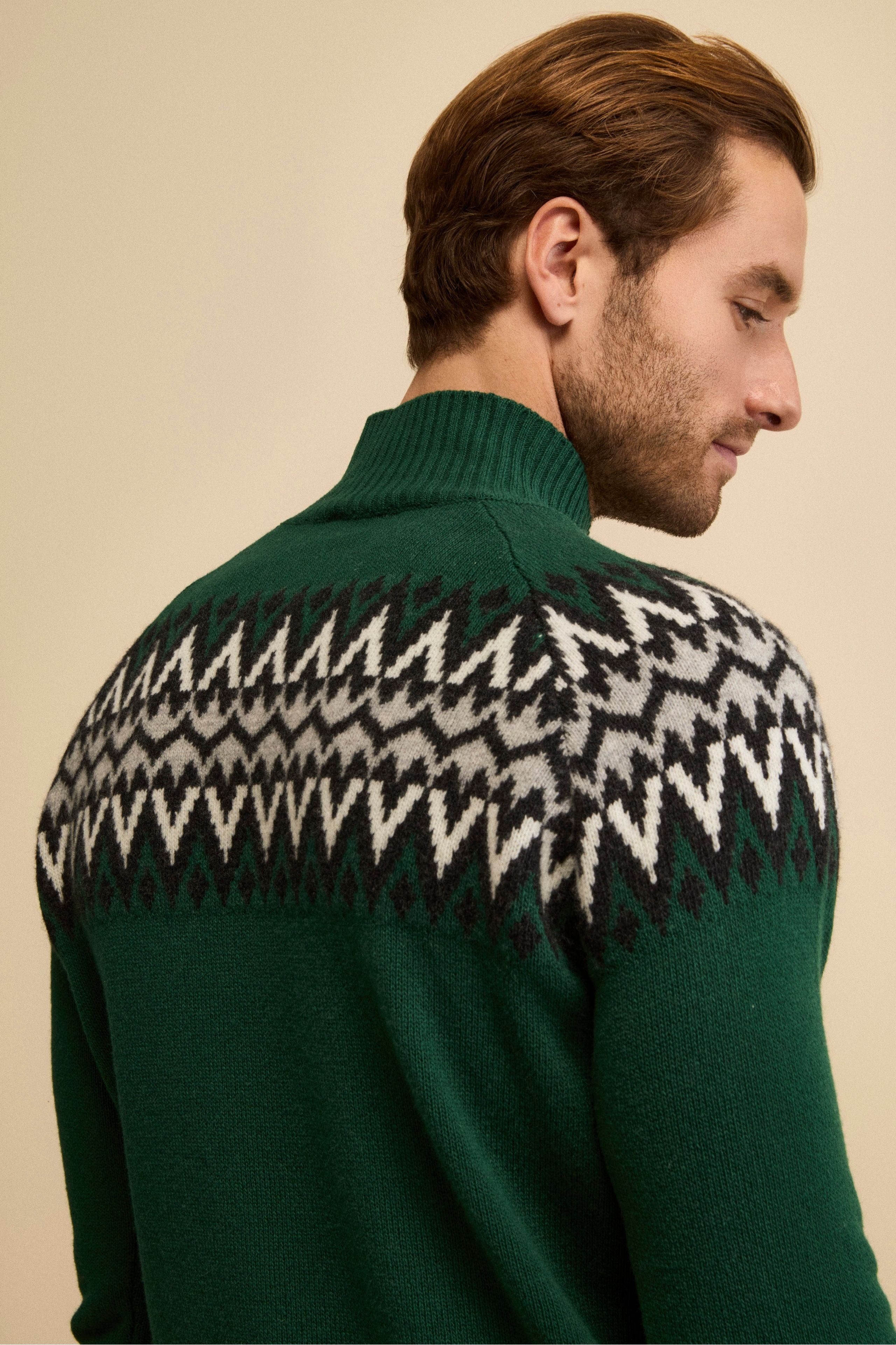 Jacquard Norwegian Mock Neck in Merino Wool - GREEN/GREY