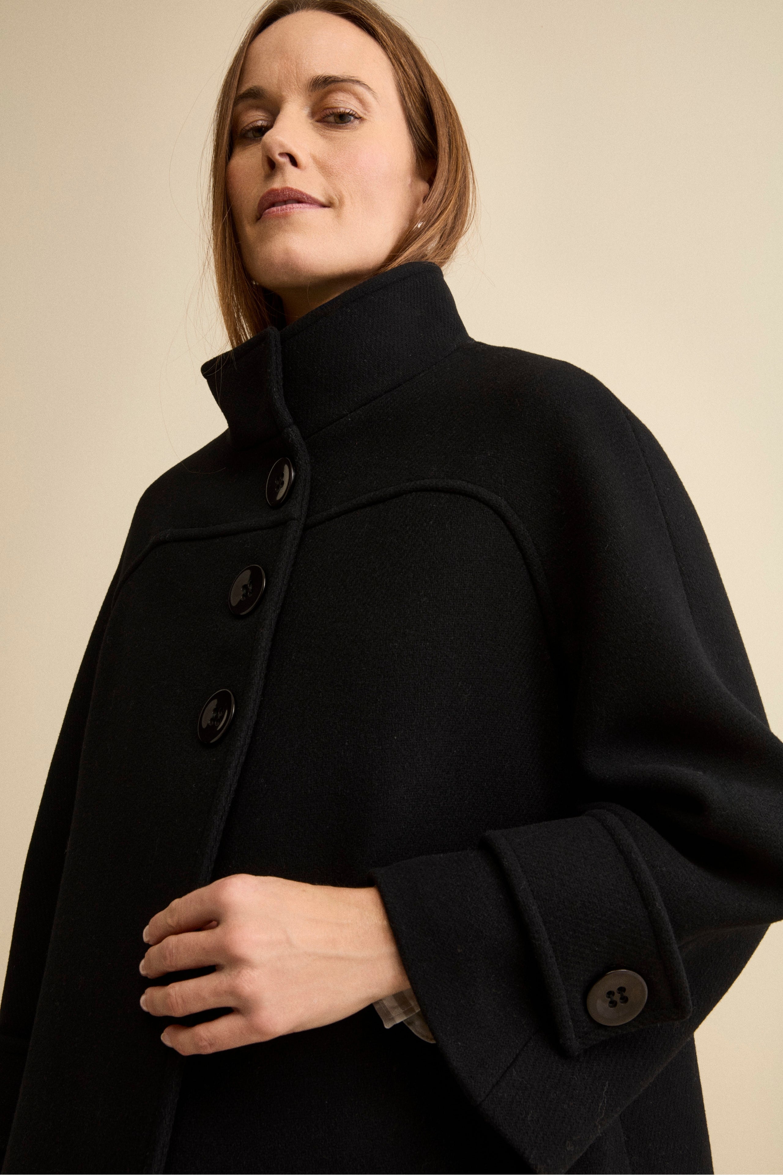 Short Wool Blend Coat with Bell Sleeves - BLACK