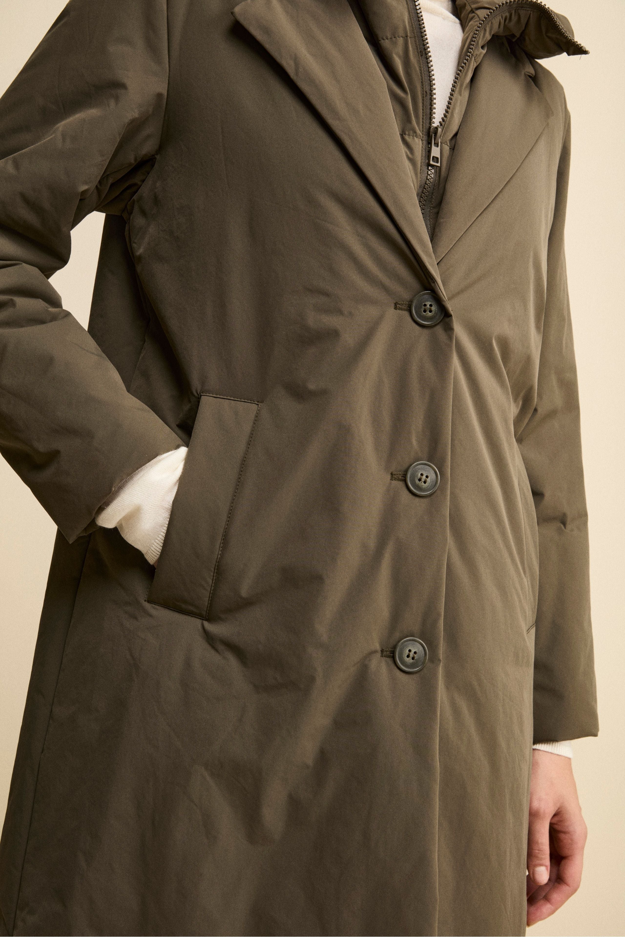 Padded Midi Raincoat with Detachable Hood - Military green