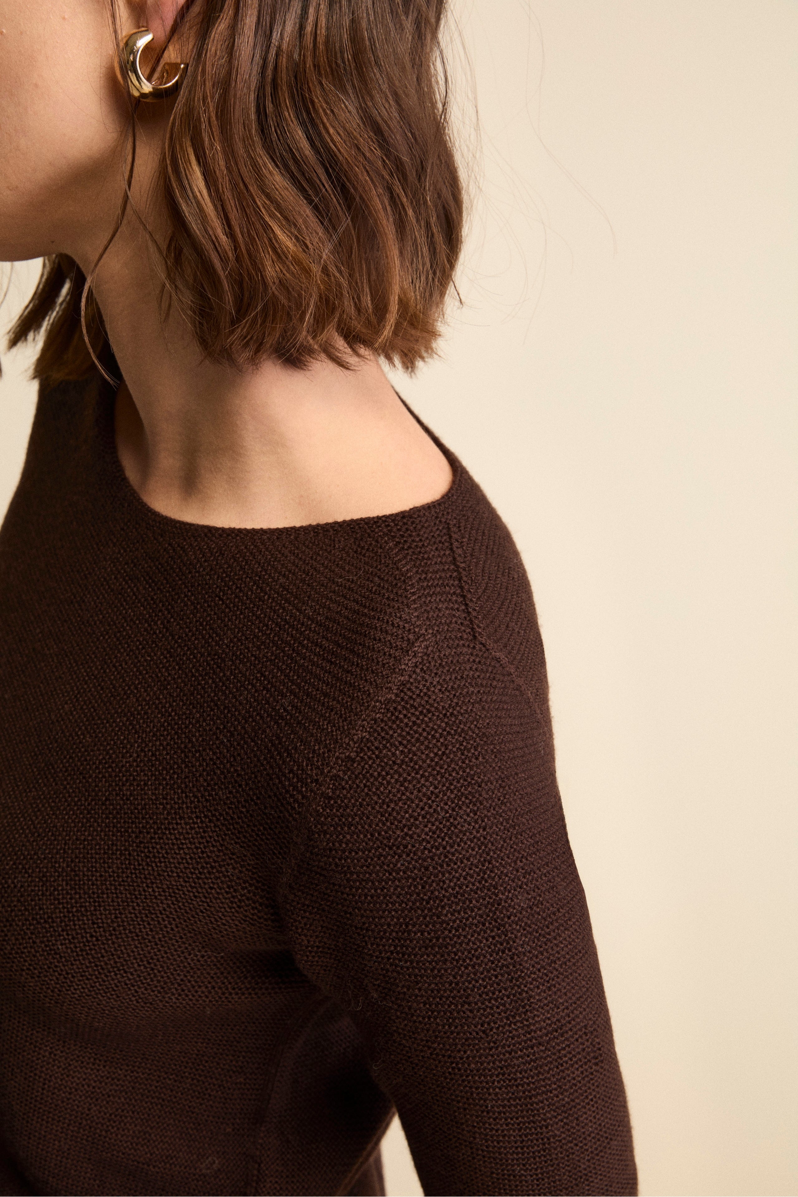 Pull Col Bateau en Laine Mérinos - Marron foncé