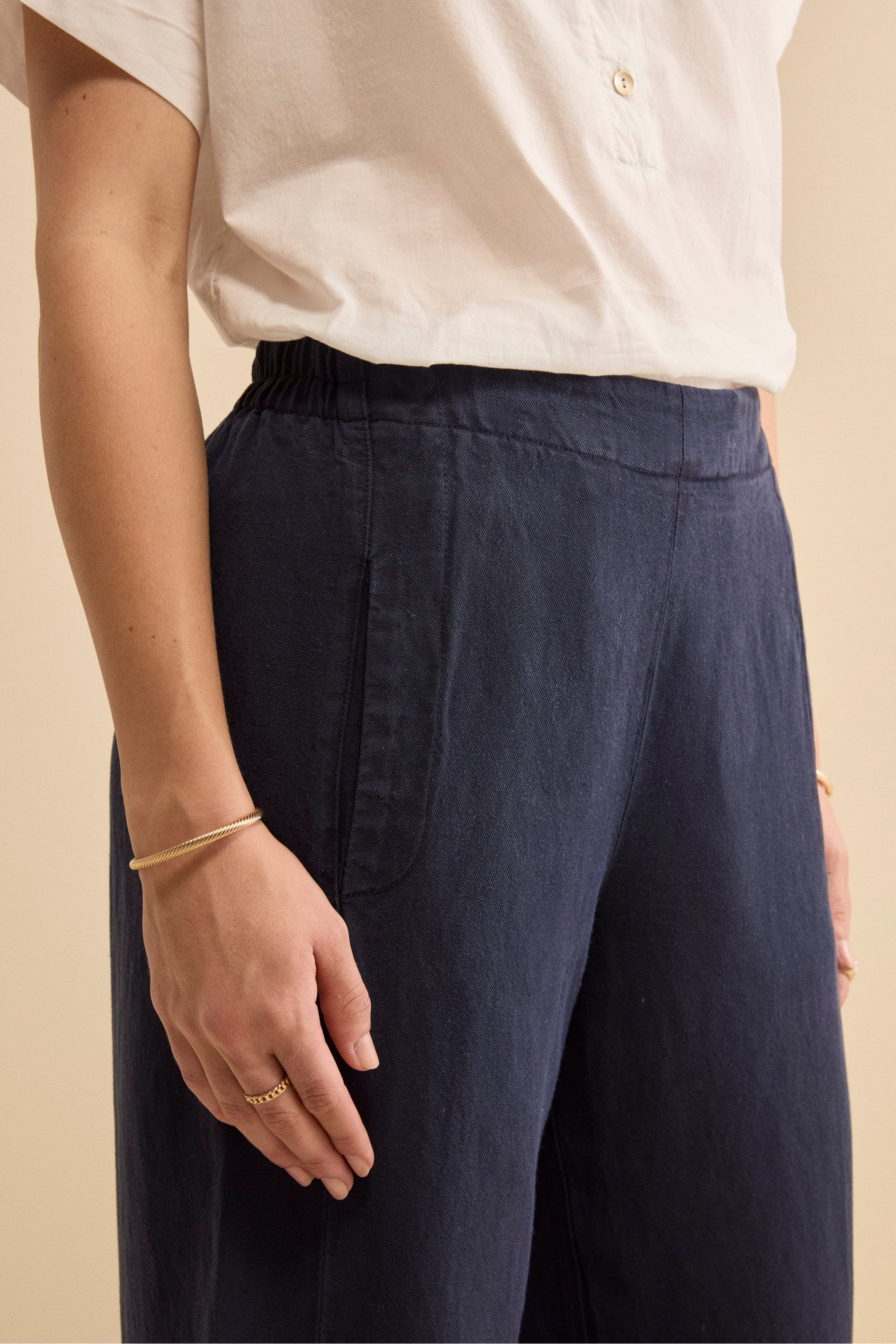 Pantalone Ampio in Misto Lino con Elastico - BLU